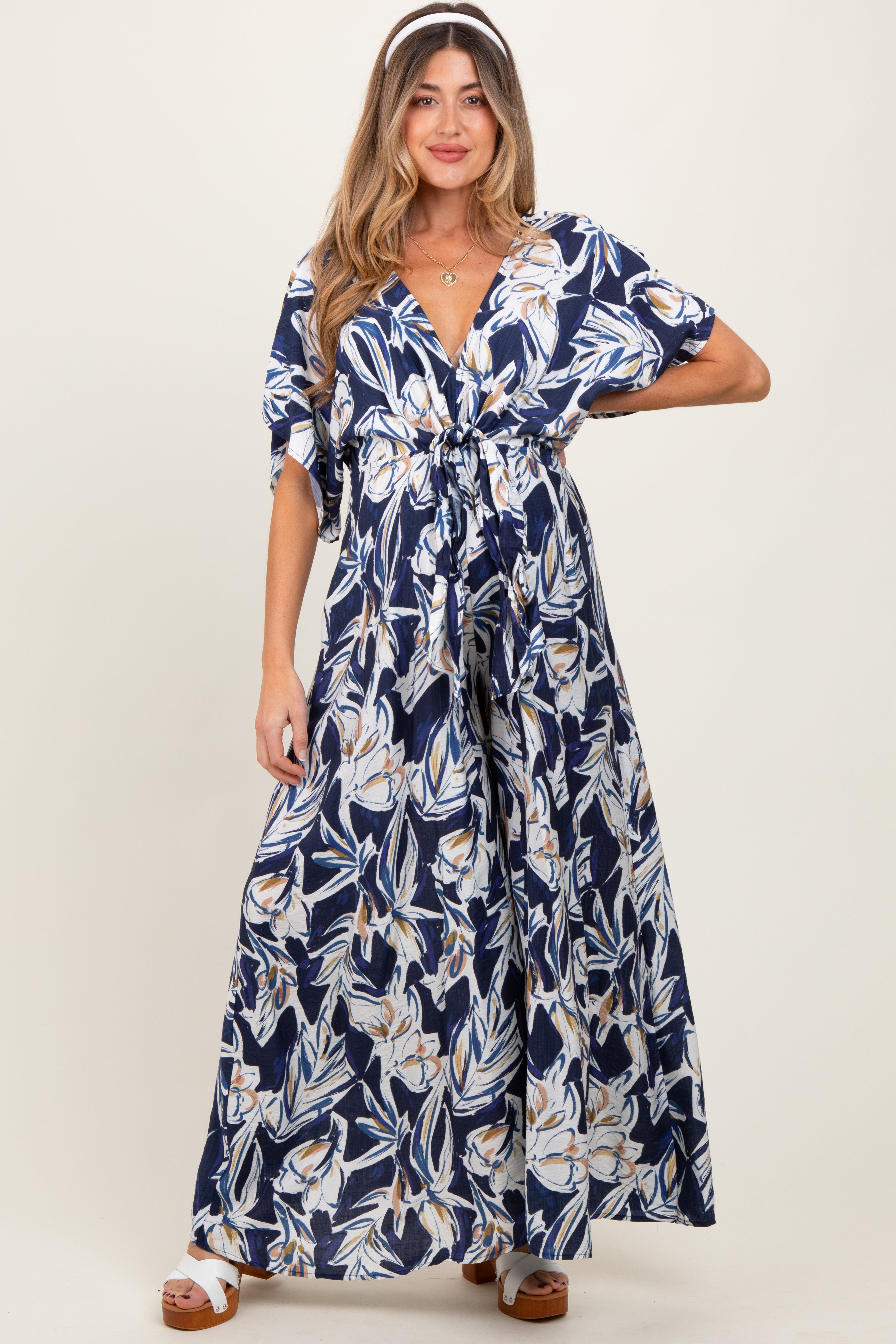Blue Tropical Floral Maternity Maxi Dress