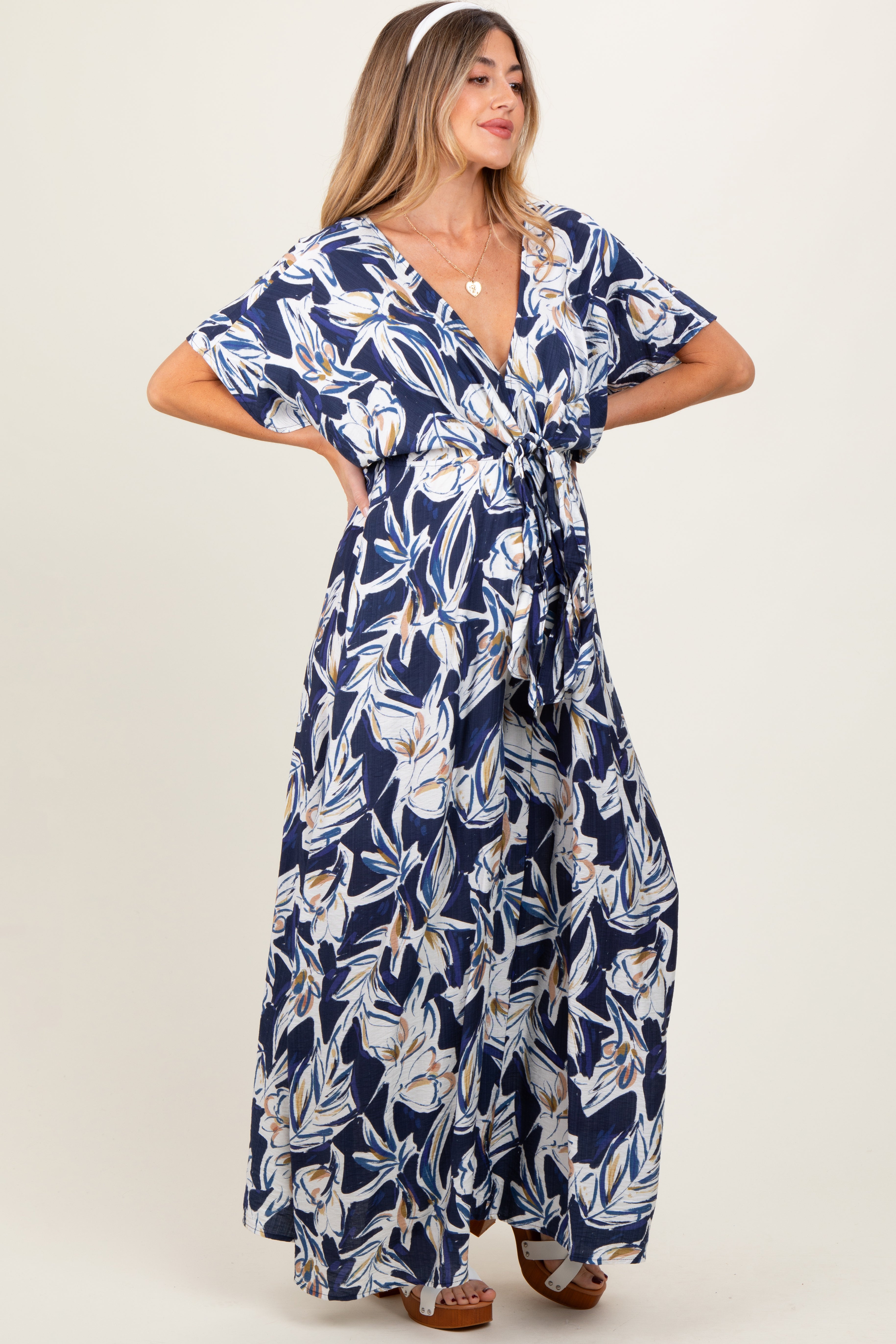 Blue Tropical Floral Maternity Maxi Dress