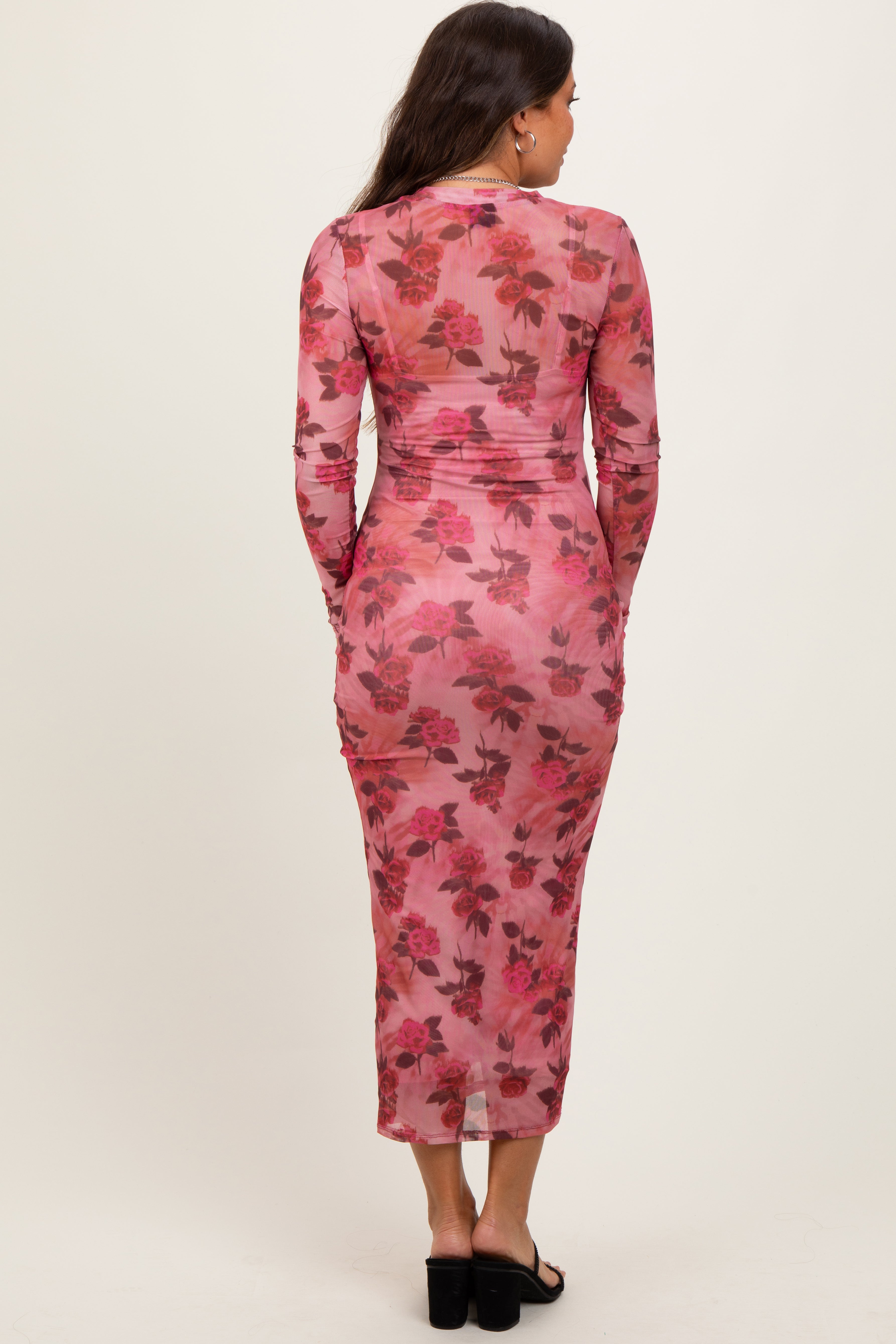 Pink Mesh Floral Fitted Maternity Dress