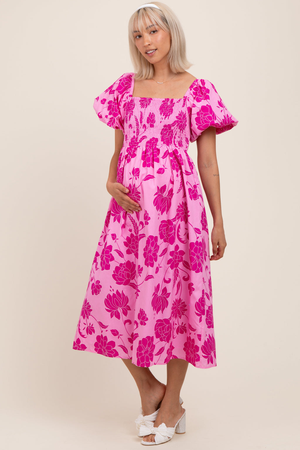 Pink Floral Smocked Puff Sleeve Midi Dress