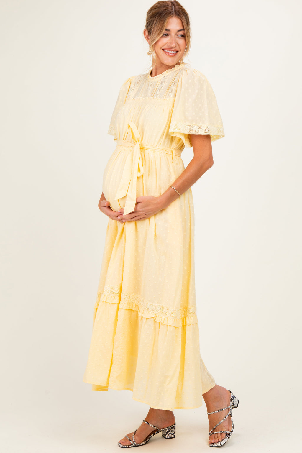 Yellow Swiss Dot Flutter Sleeve Maternity Maxi Dress