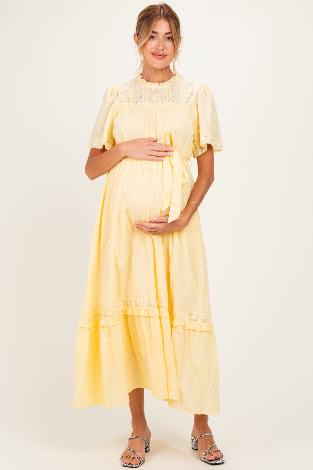 Yellow Swiss Dot Flutter Sleeve Maternity Maxi Dress