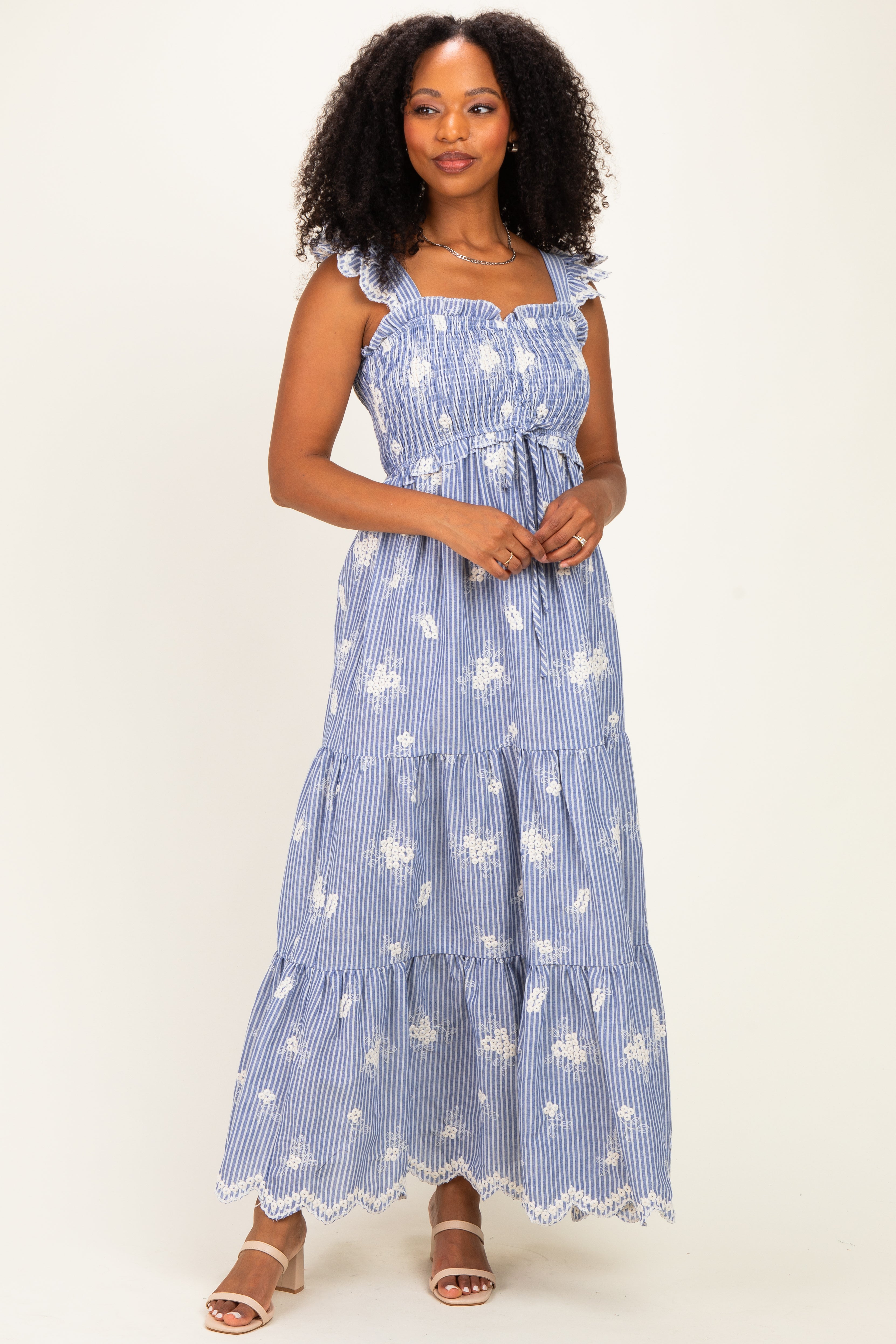 Blue Striped Embroidered Smocked Maternity Maxi Dress