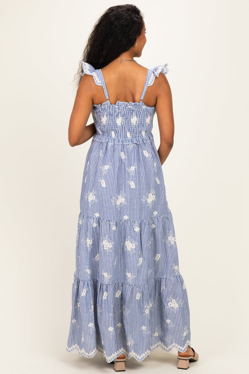 Blue Striped Embroidered Smocked Maternity Maxi Dress