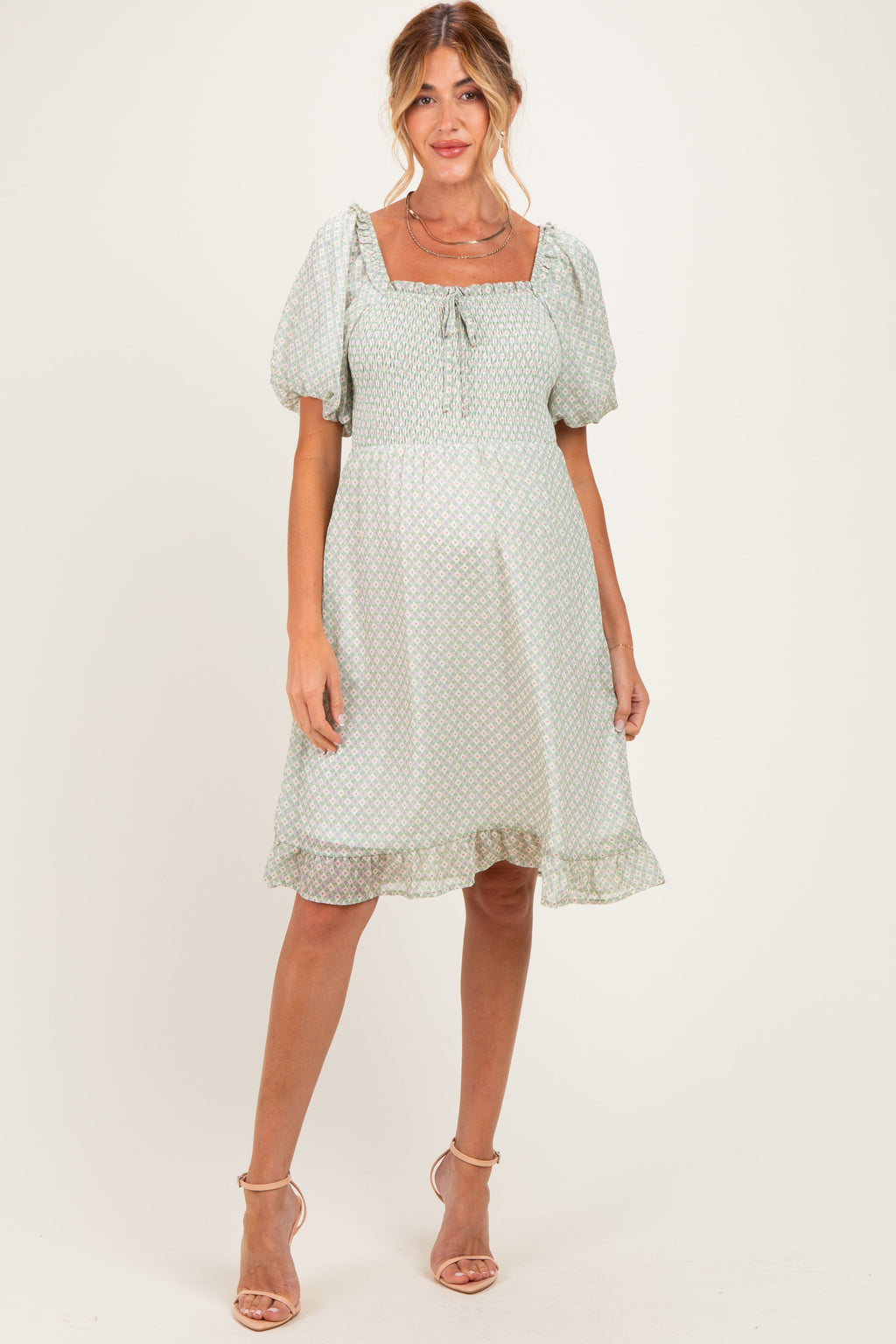 Sage Printed Smocked Ruffle Accent Maternity Dress