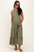 Olive Smocked Sleeveless Tiered Maternity Maxi Dress