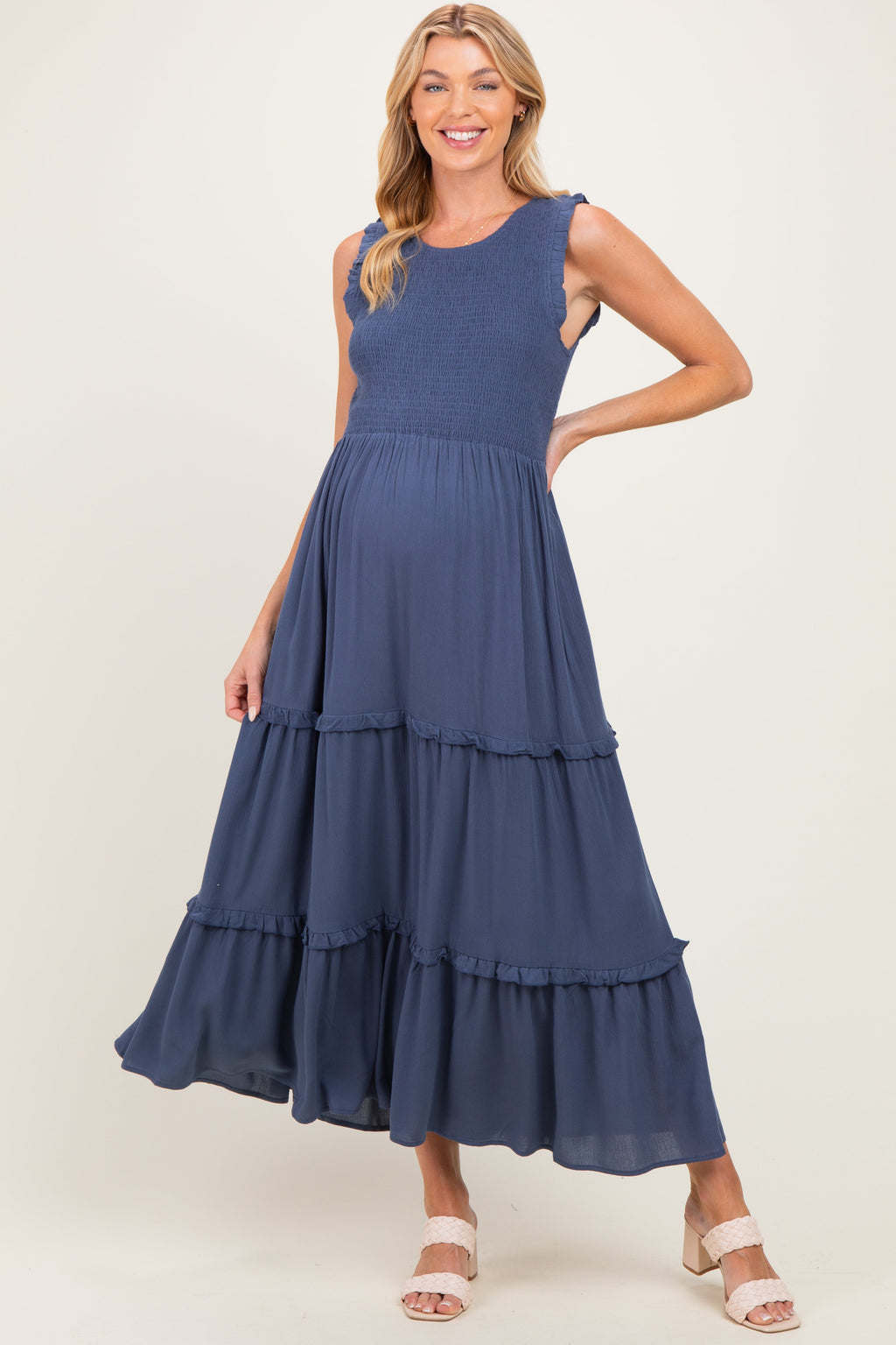 Light Navy Smocked Sleeveless Tiered Maternity Maxi Dress