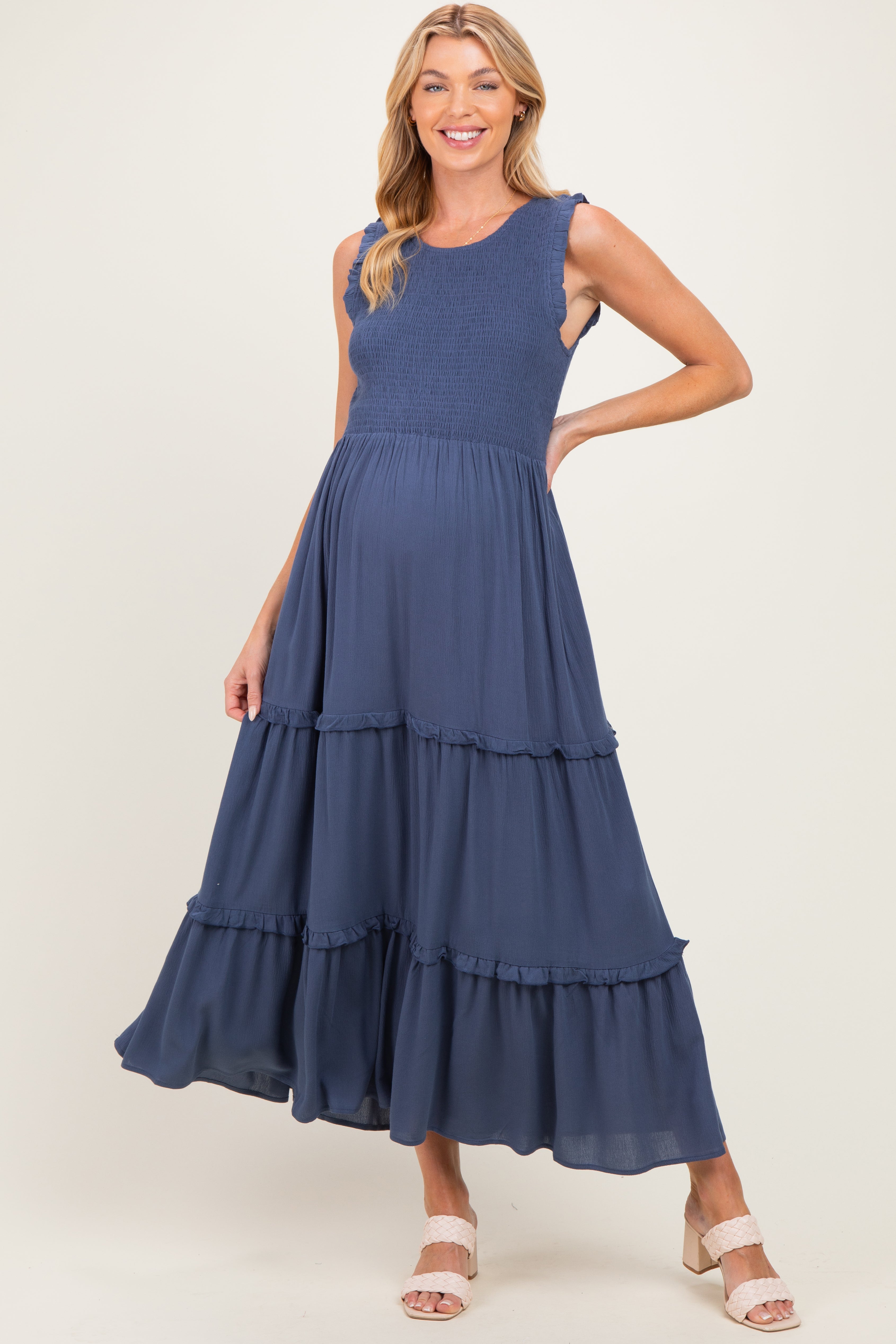 Light Navy Smocked Sleeveless Tiered Maternity Maxi Dress