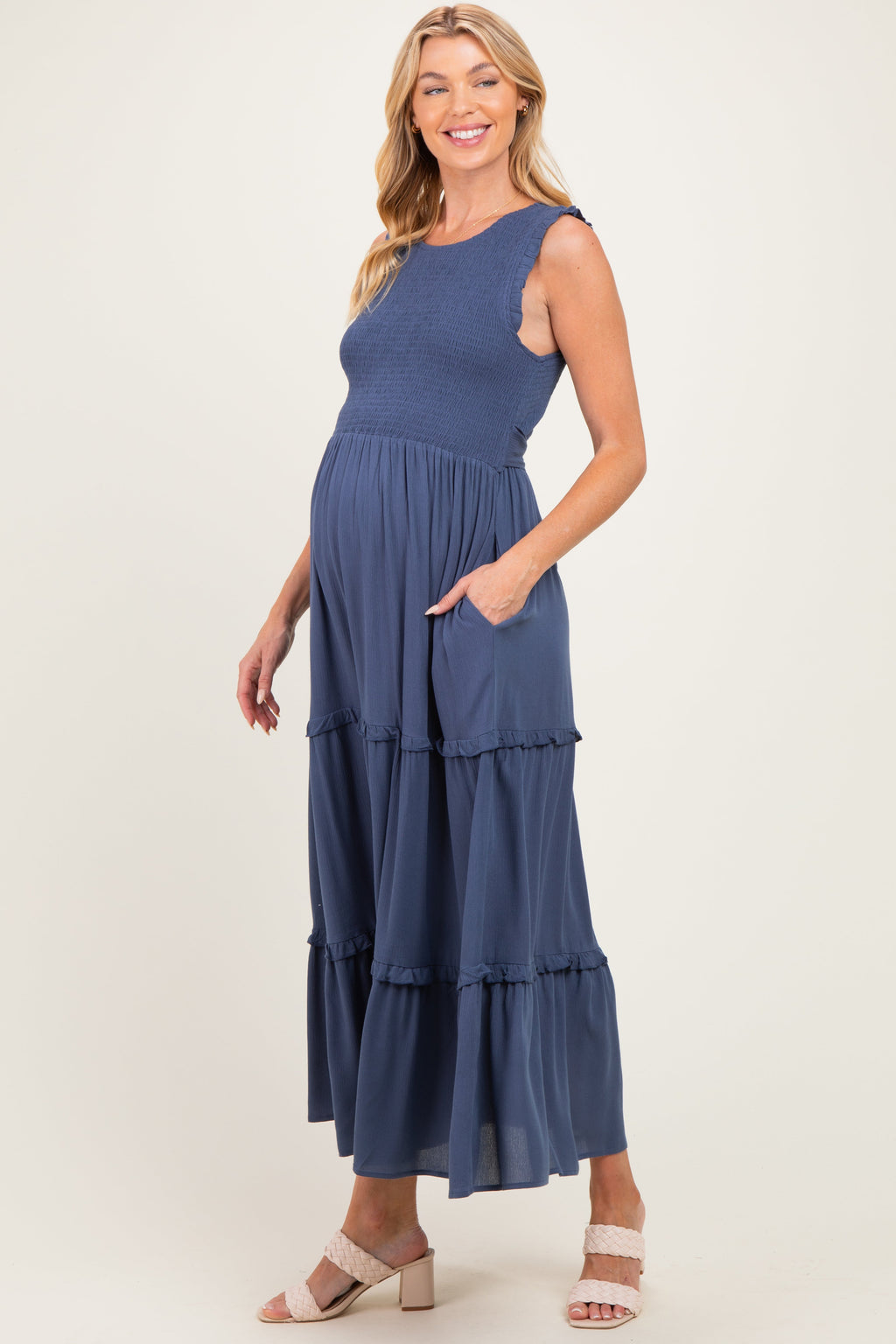 Light Navy Smocked Sleeveless Tiered Maternity Maxi Dress