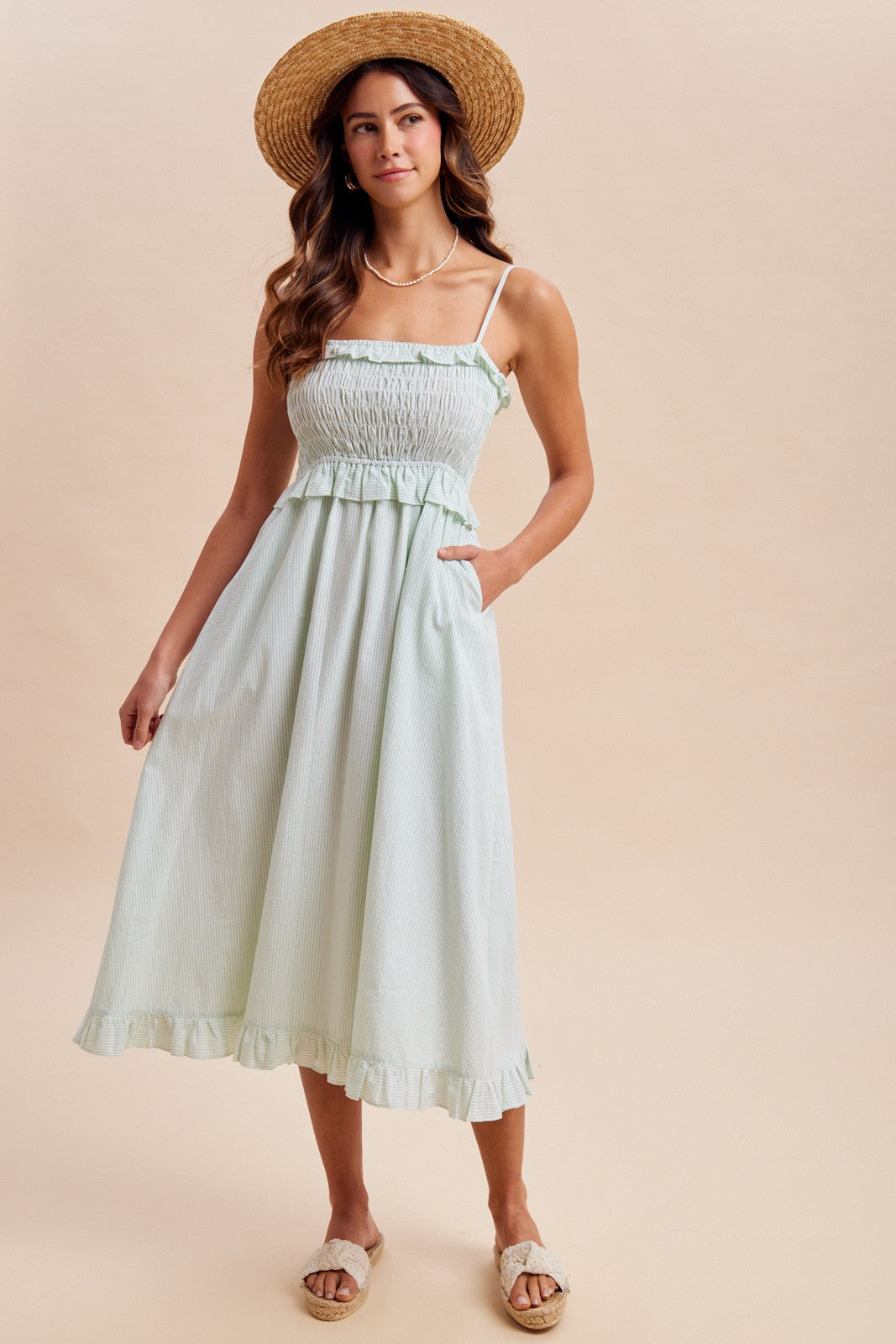 Sage Striped Smocked Ruffle Accent Maternity Midi Dress