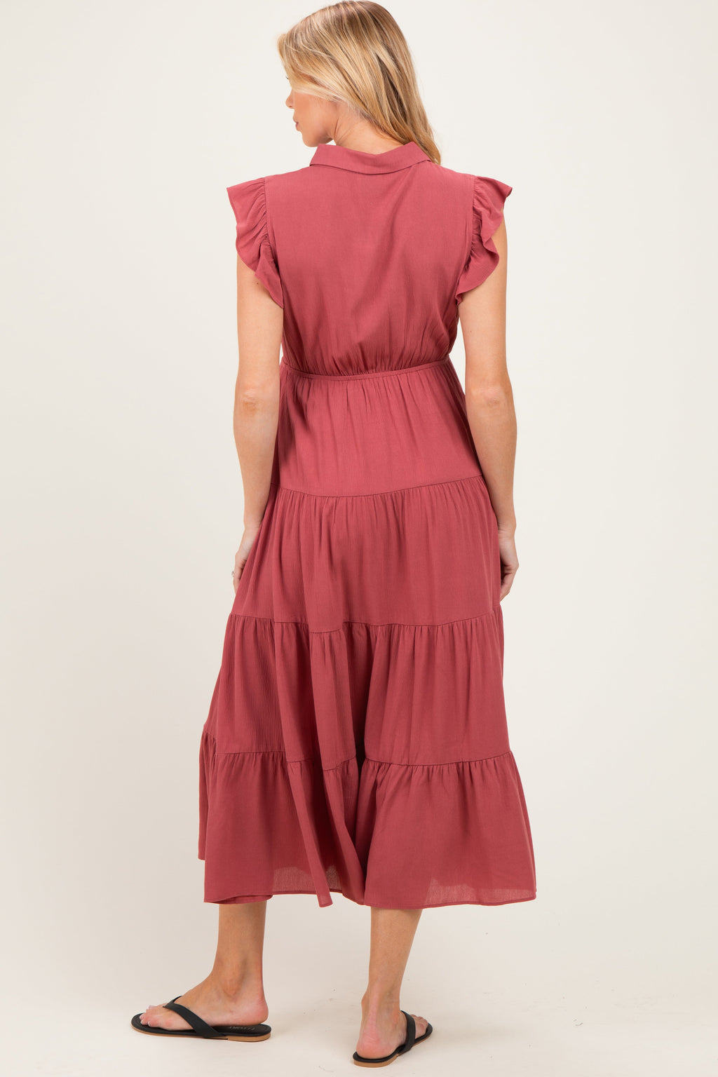 Dusty Rose Button Up Ruffle Sleeve Tiered Maternity Maxi Dress