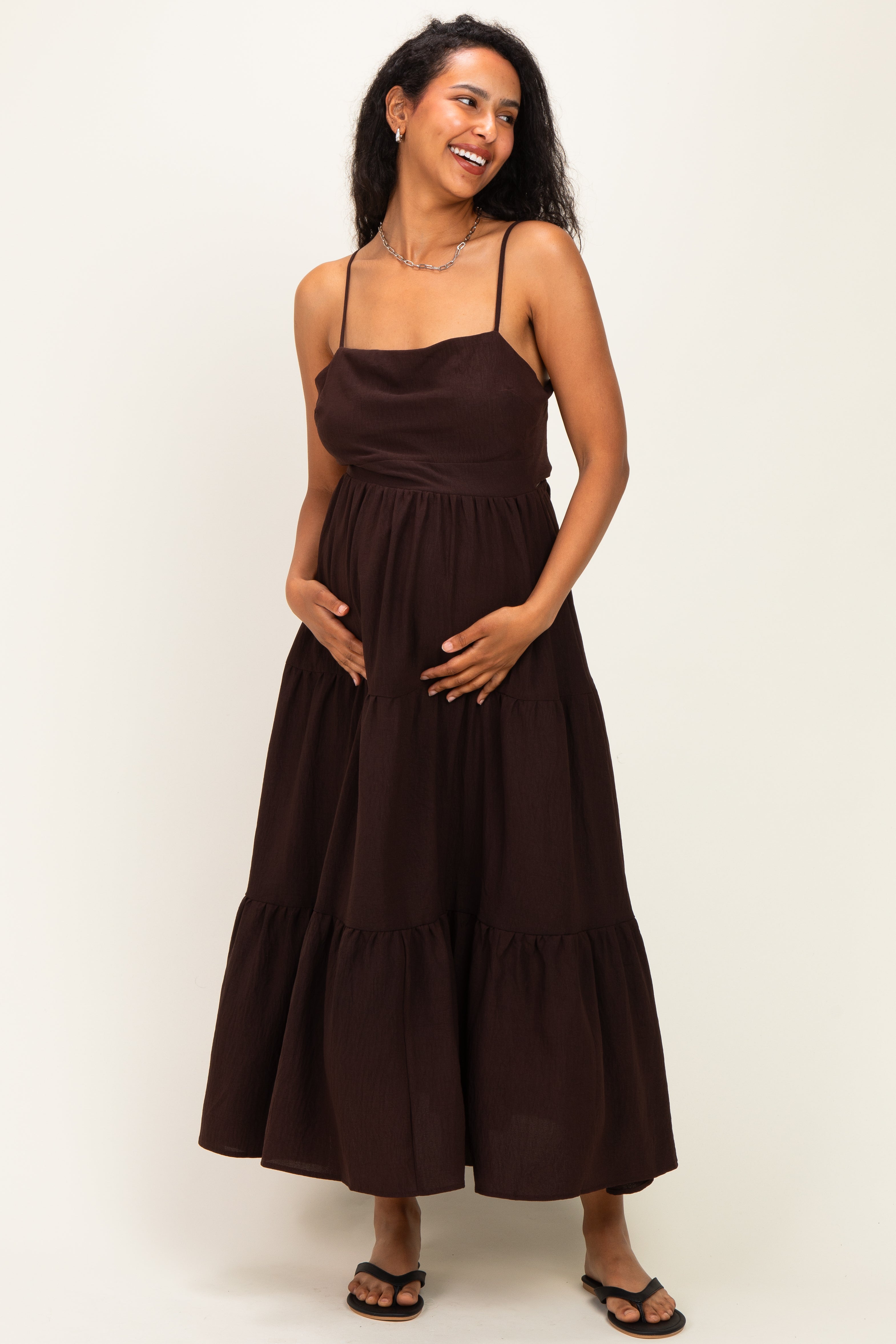 Brown Tiered Cutout Tie Back Maternity Midi Dress