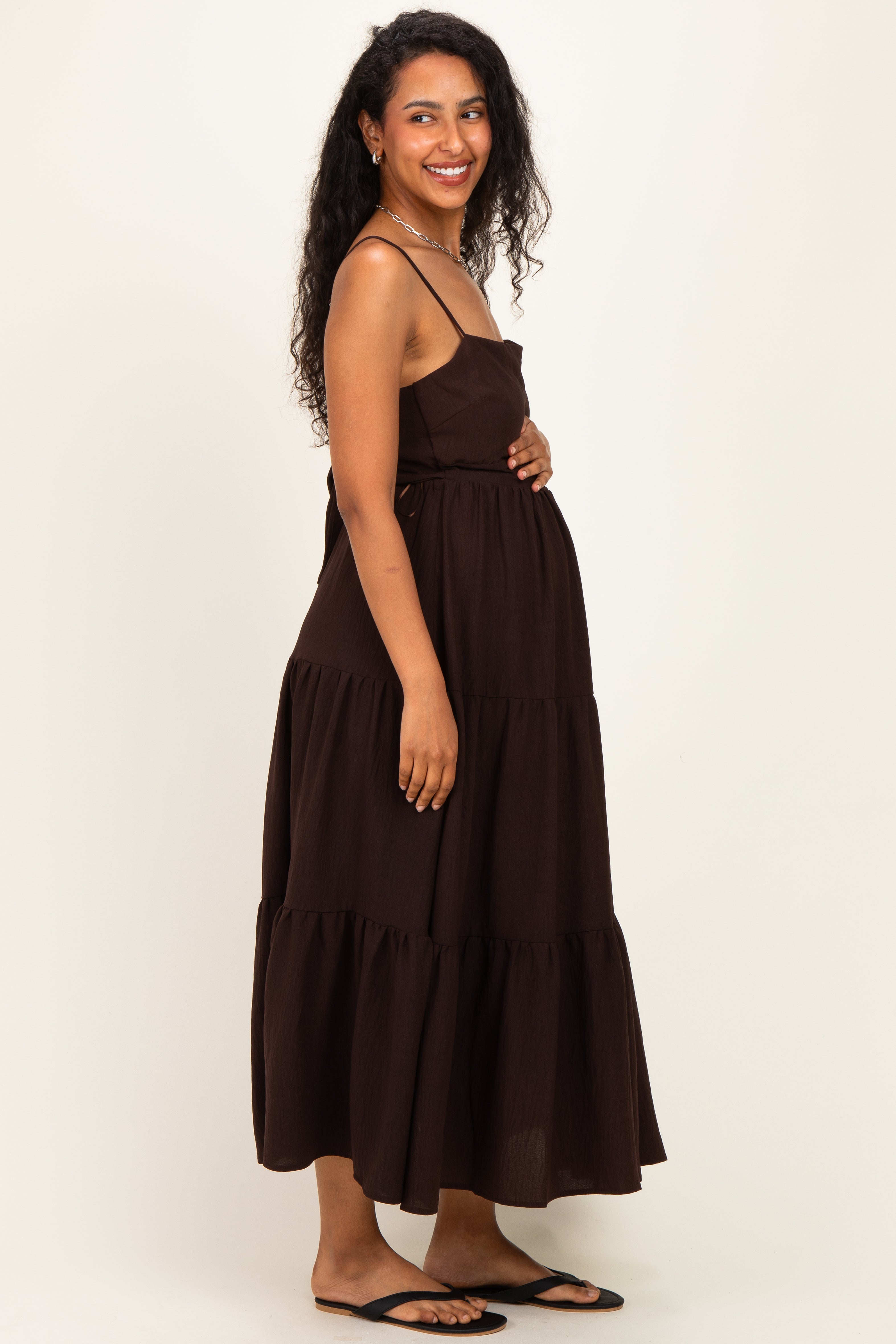 Brown Tiered Cutout Tie Back Maternity Midi Dress