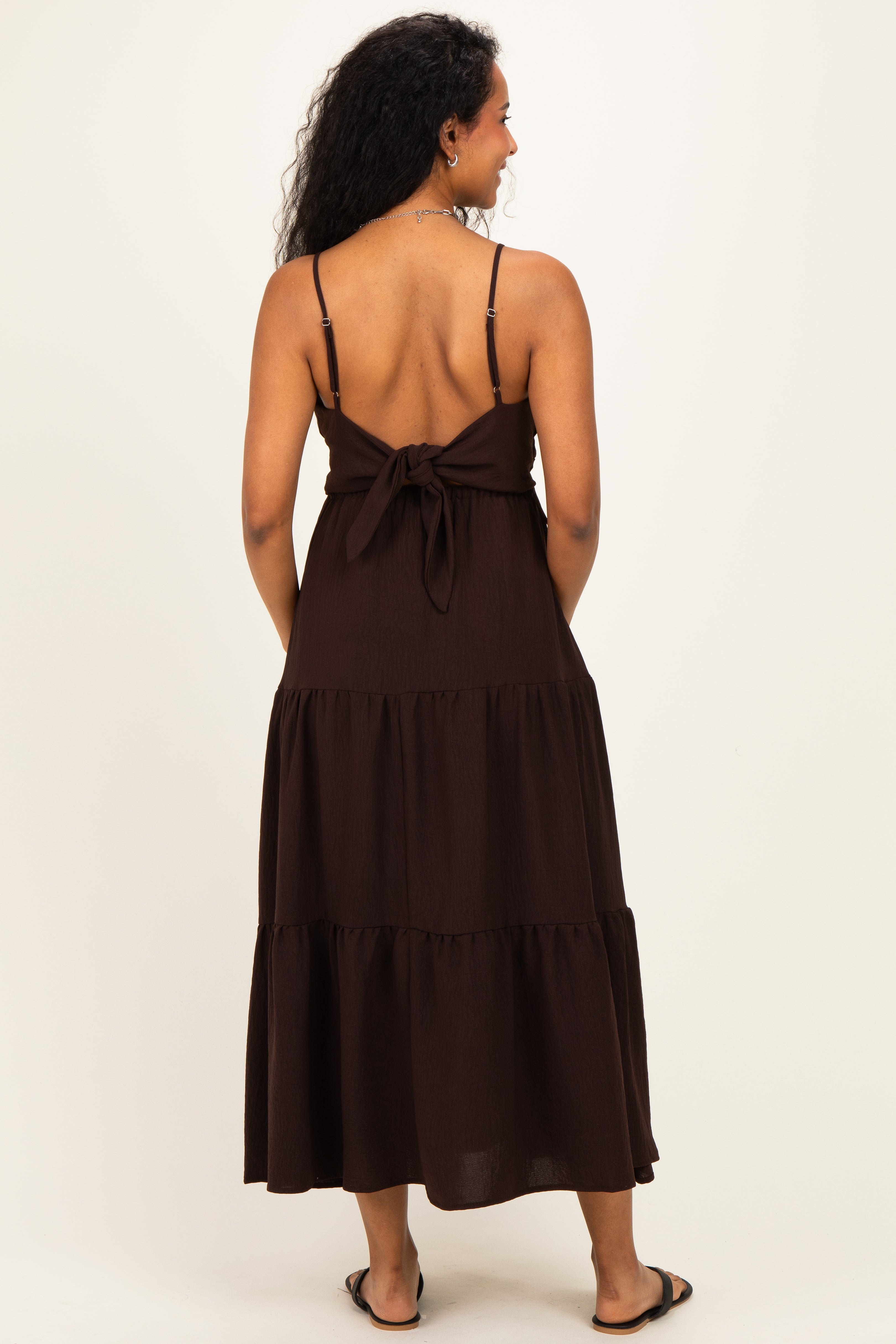 Brown Tiered Cutout Tie Back Maternity Midi Dress