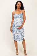 Blue Floral Mesh Ruched Crossback Maternity Midi Dress