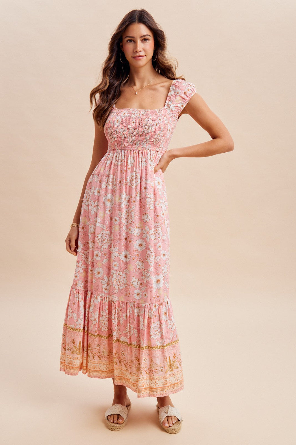 Pink Floral Smocked Maternity Maxi Dress