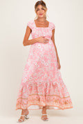 Pink Floral Smocked Maternity Maxi Dress