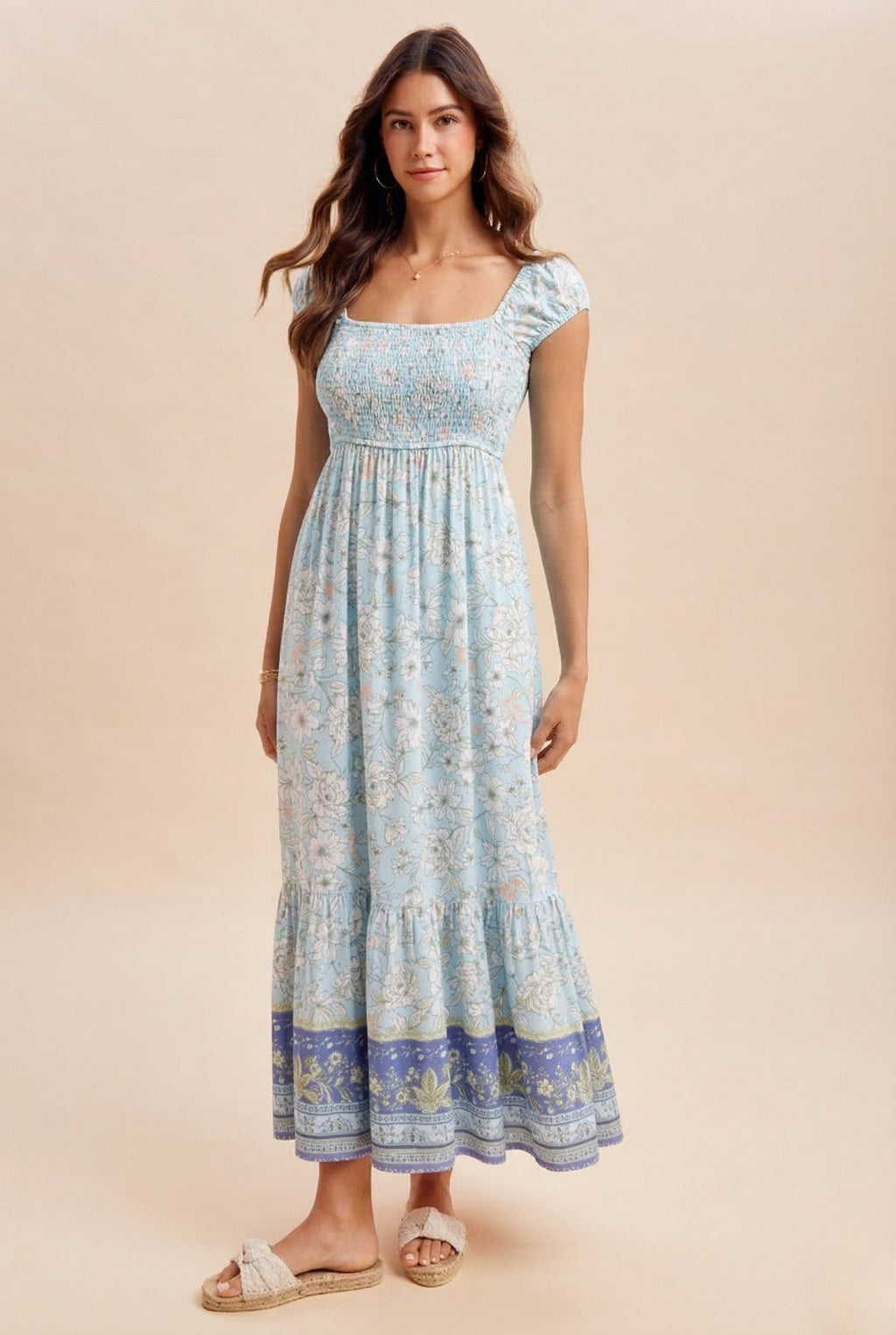 Light Blue Floral Smocked Maternity Maxi Dress