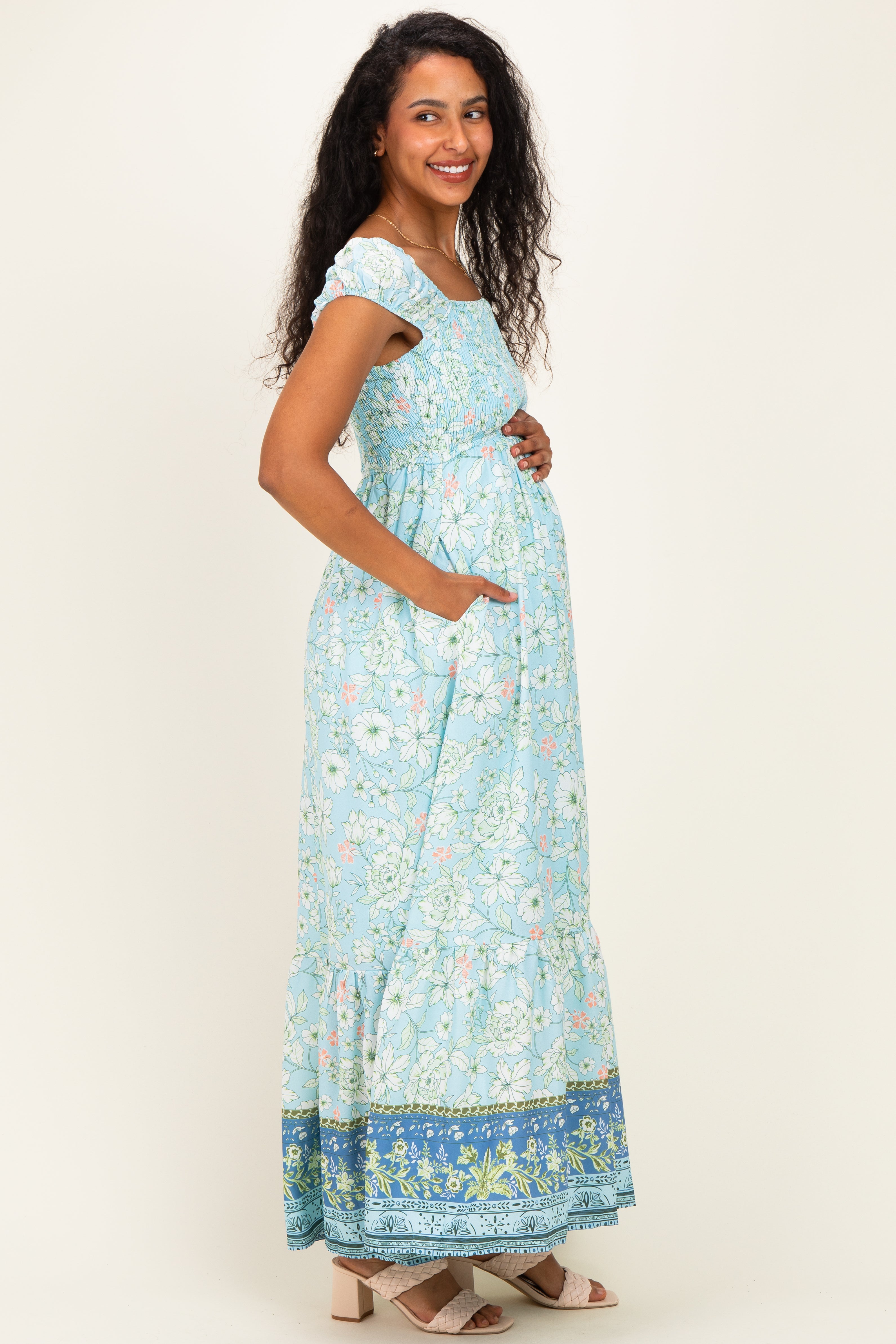 Light Blue Floral Smocked Maternity Maxi Dress