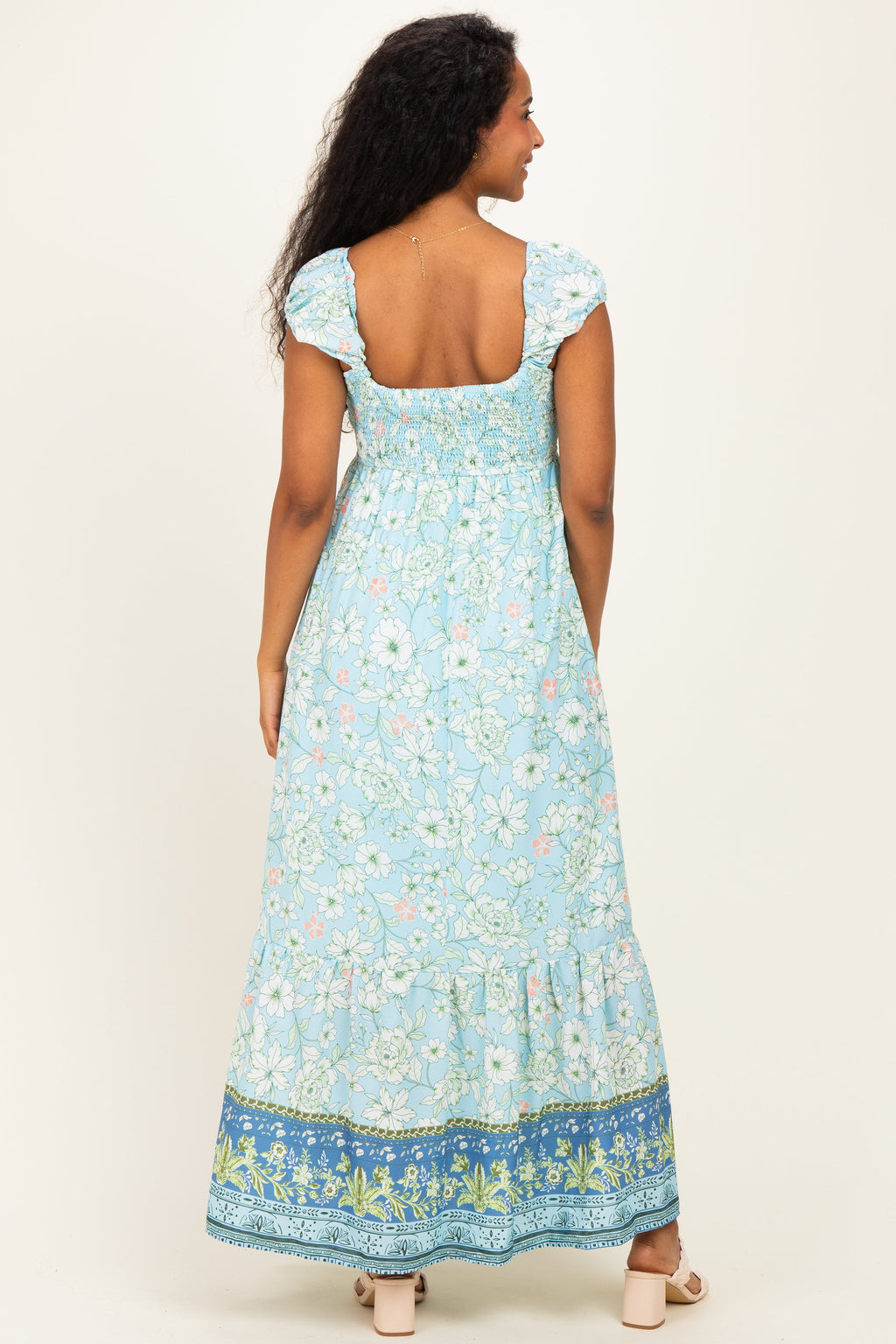 Light Blue Floral Smocked Maternity Maxi Dress