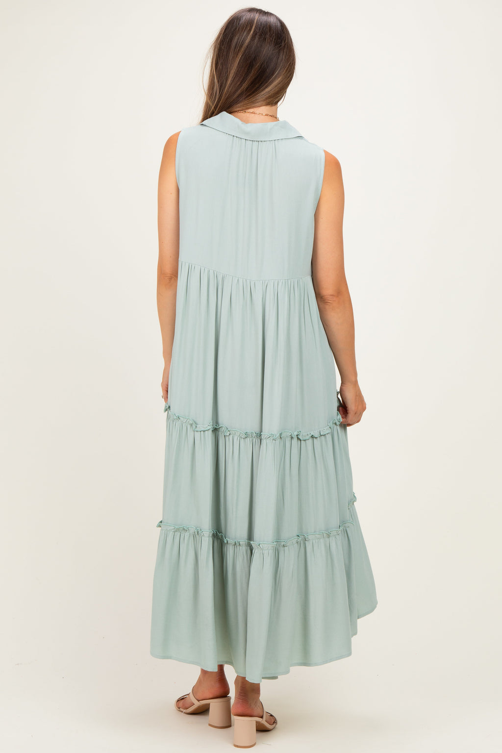 Seafoam Sleeveless Button Up Tiered Maternity Maxi Dress