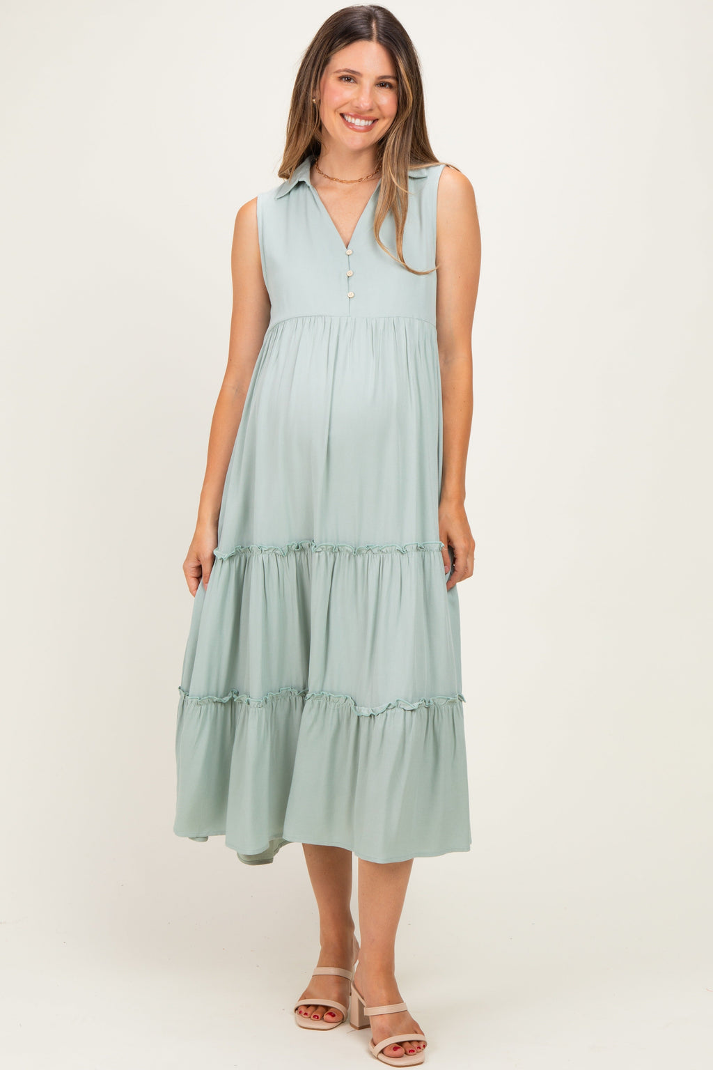 Seafoam Sleeveless Button Up Tiered Maternity Maxi Dress