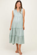 Seafoam Sleeveless Button Up Tiered Maternity Maxi Dress