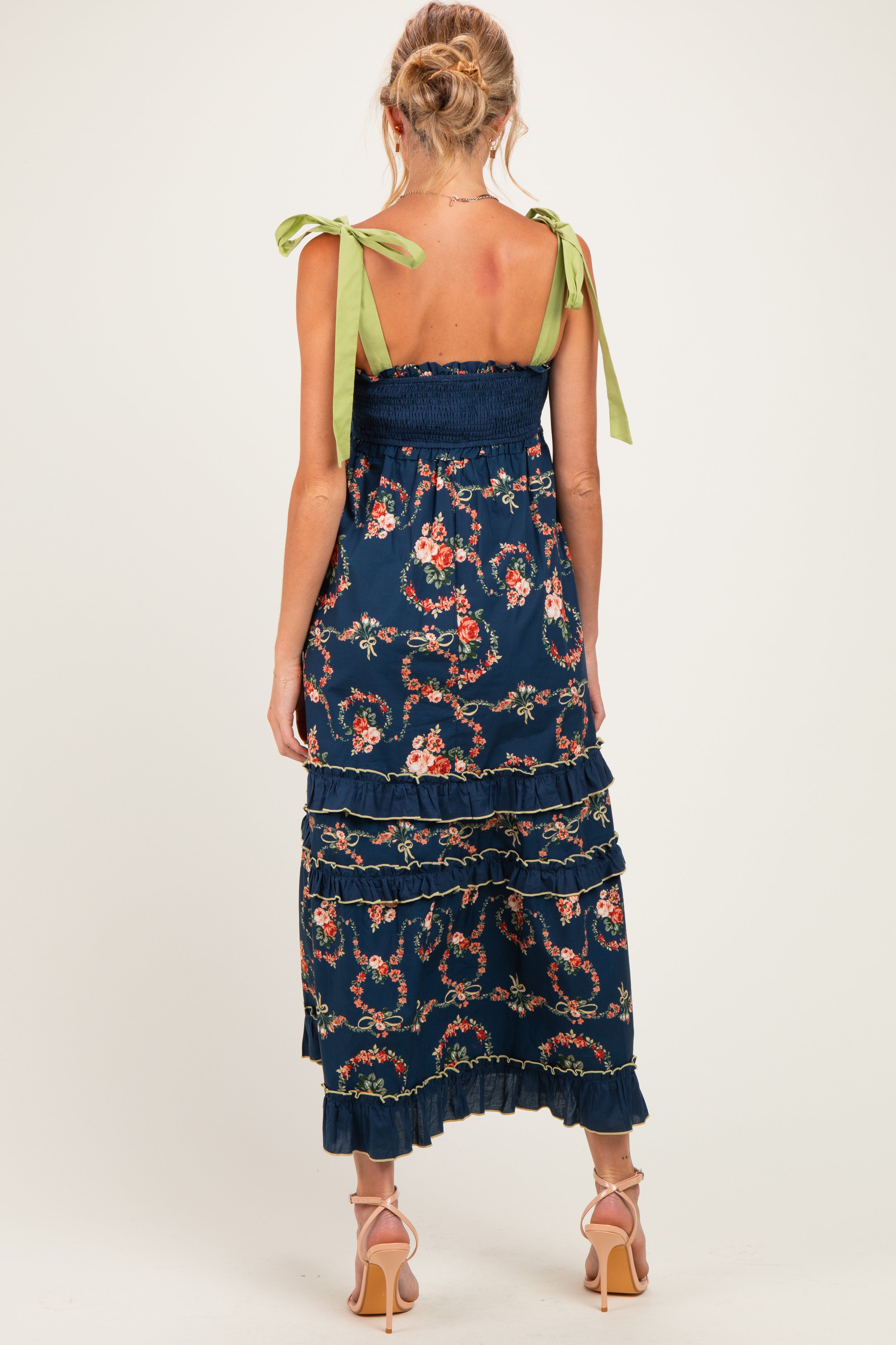 Navy Floral Smocked Shoulder Tie Tiered Maternity Maxi Dress