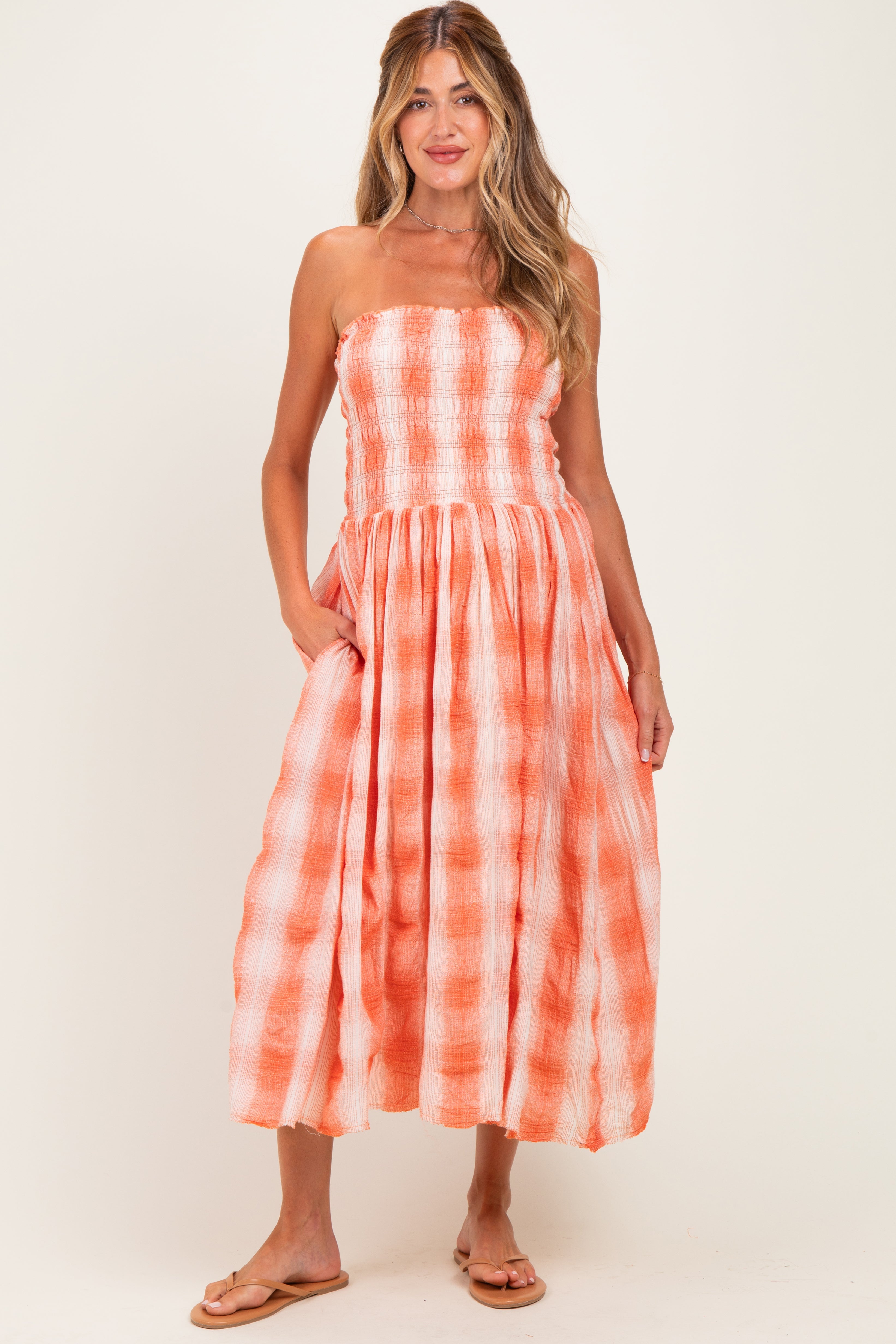 Orange Plaid Smocked Strapless Maternity Midi Dress