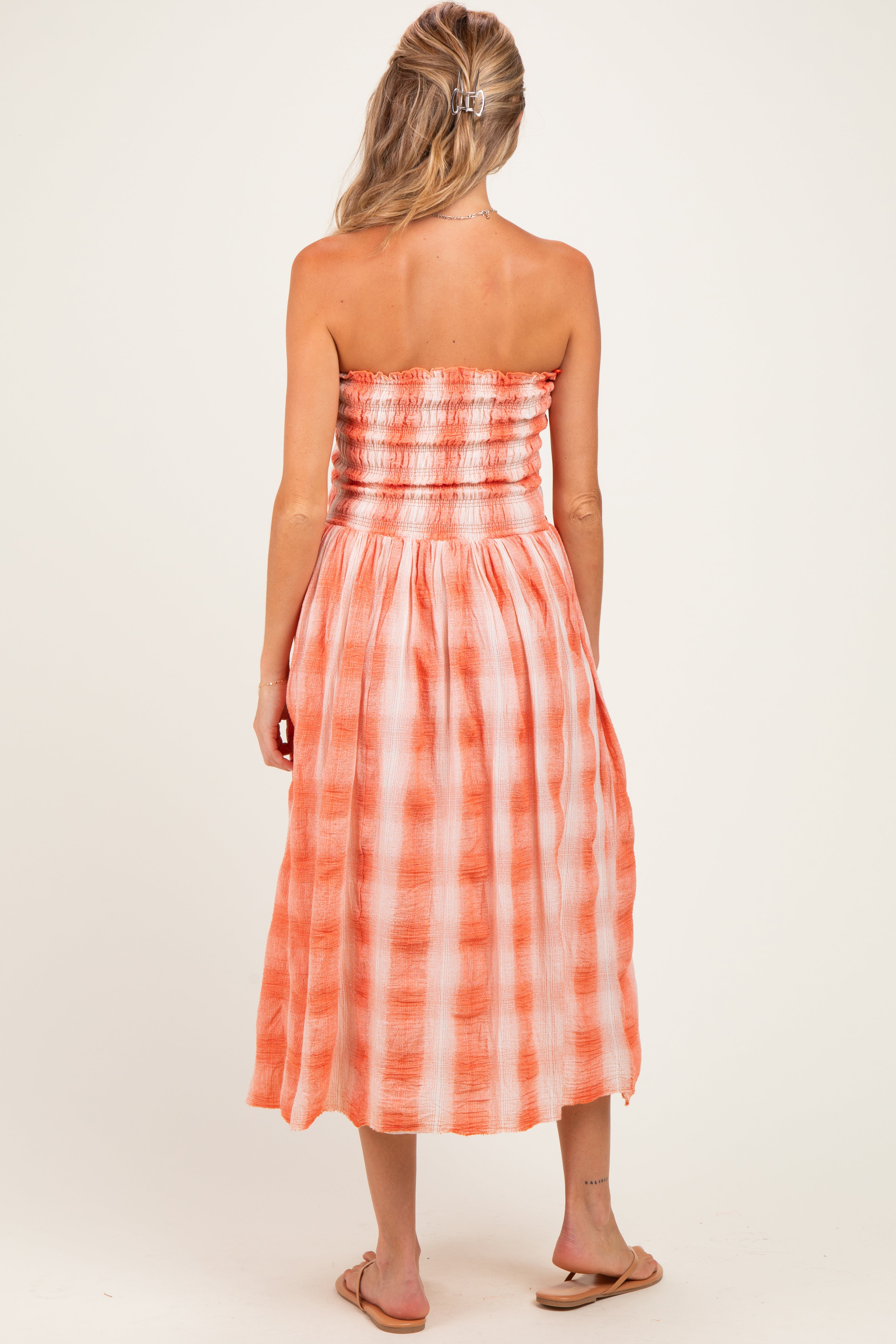 Orange Plaid Smocked Strapless Maternity Midi Dress