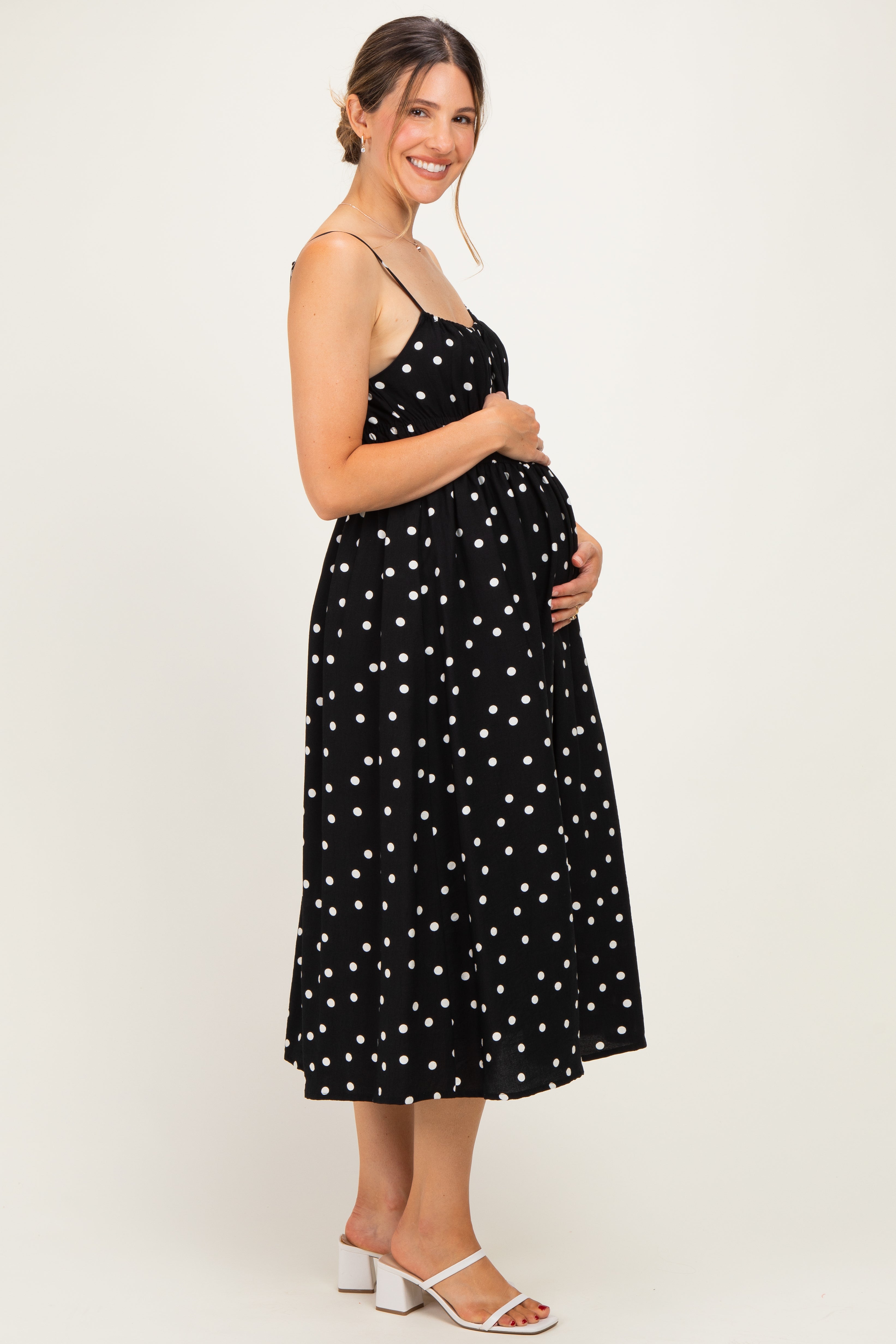 Black Polka Dot Shirred Waist Maternity Midi Dress