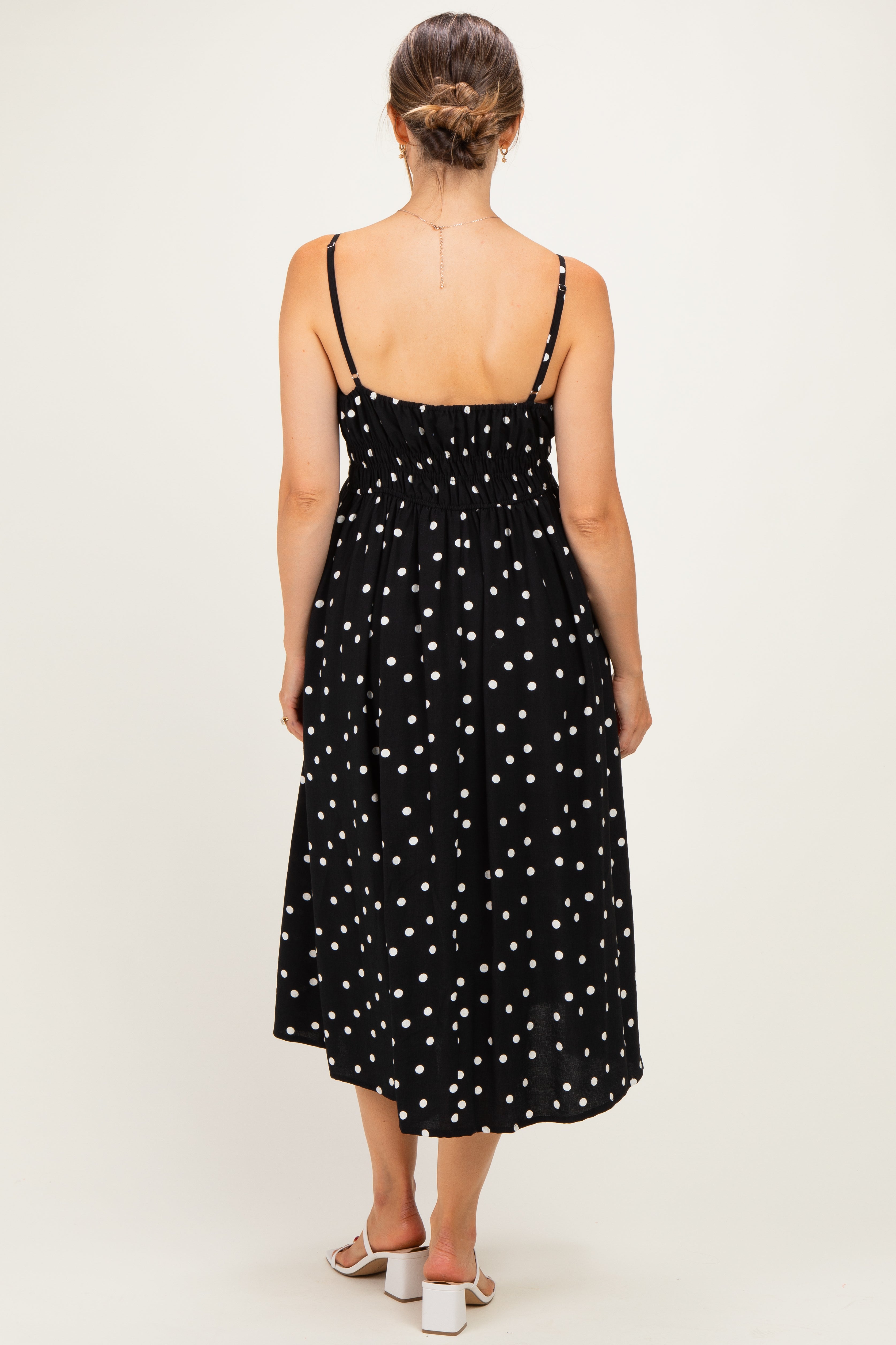 Black Polka Dot Shirred Waist Maternity Midi Dress