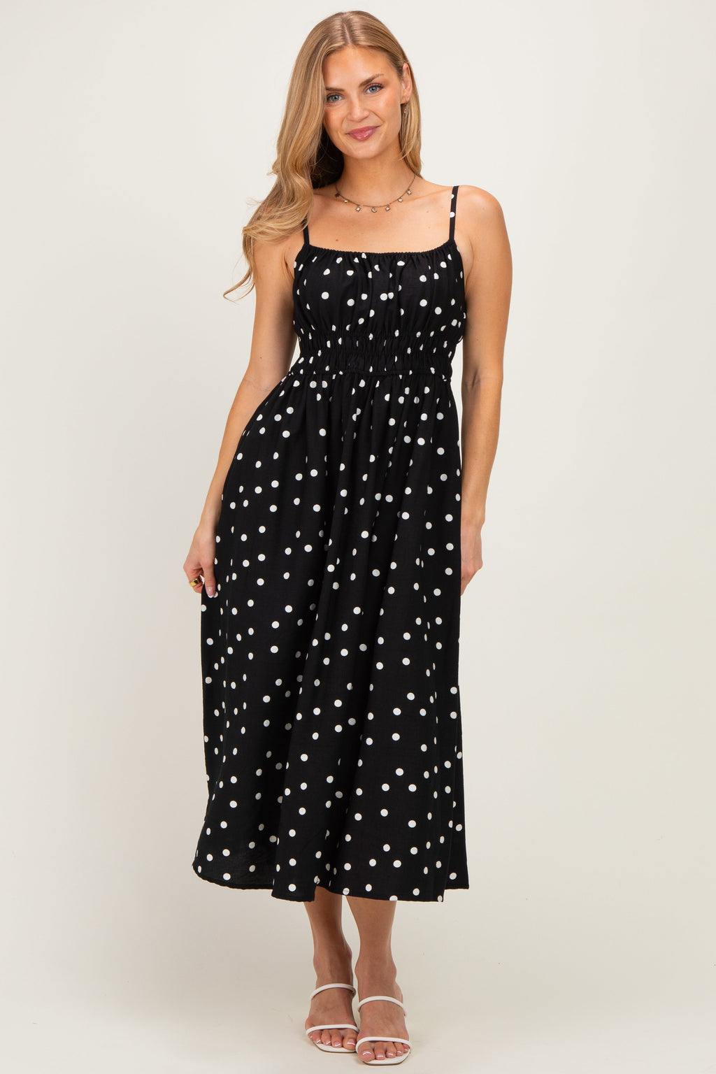 Black Polka Dot Shirred Waist Maternity Midi Dress