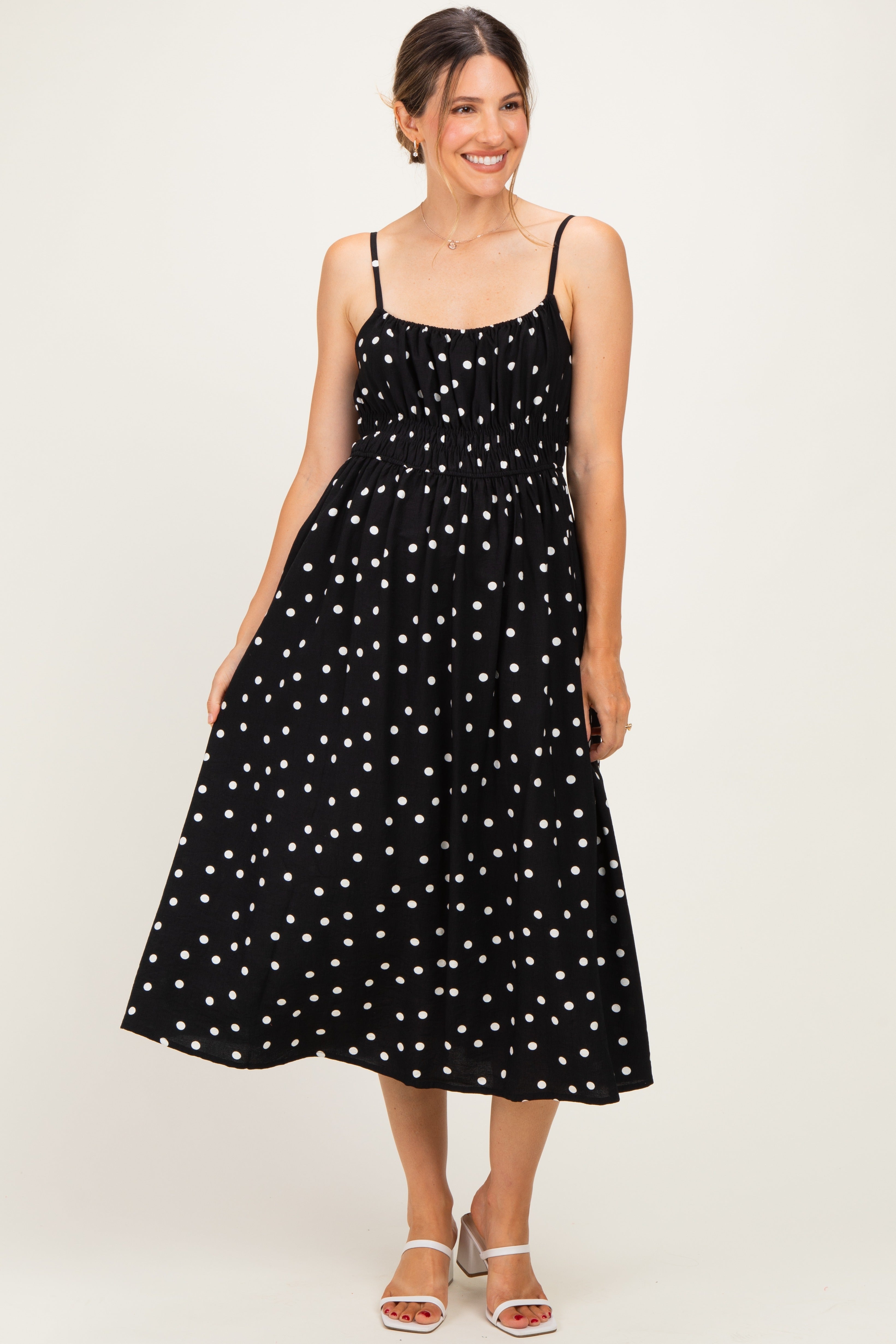 Black Polka Dot Shirred Waist Maternity Midi Dress