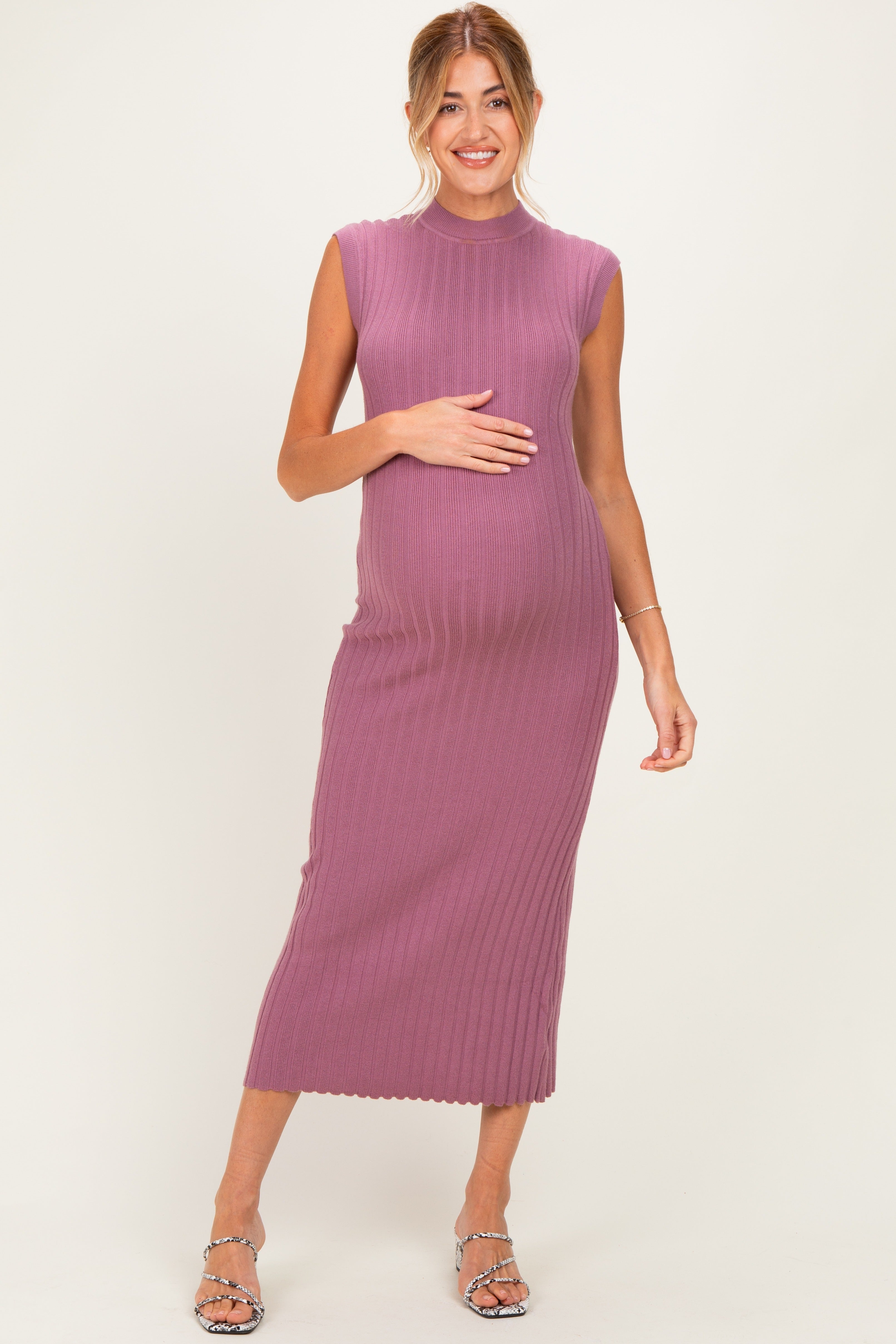 Mauve Ribbed Knit Mock Neck Maternity Maxi Dress