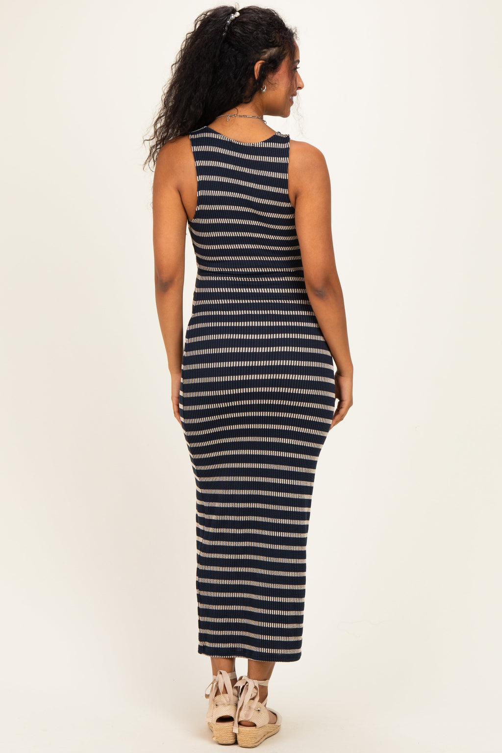 Navy Ribbed Striped Fitted Maternity Maxi Dress