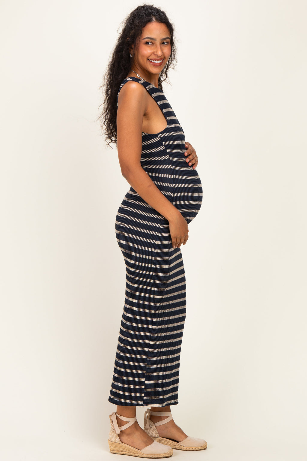 Navy Ribbed Striped Fitted Maternity Maxi Dress