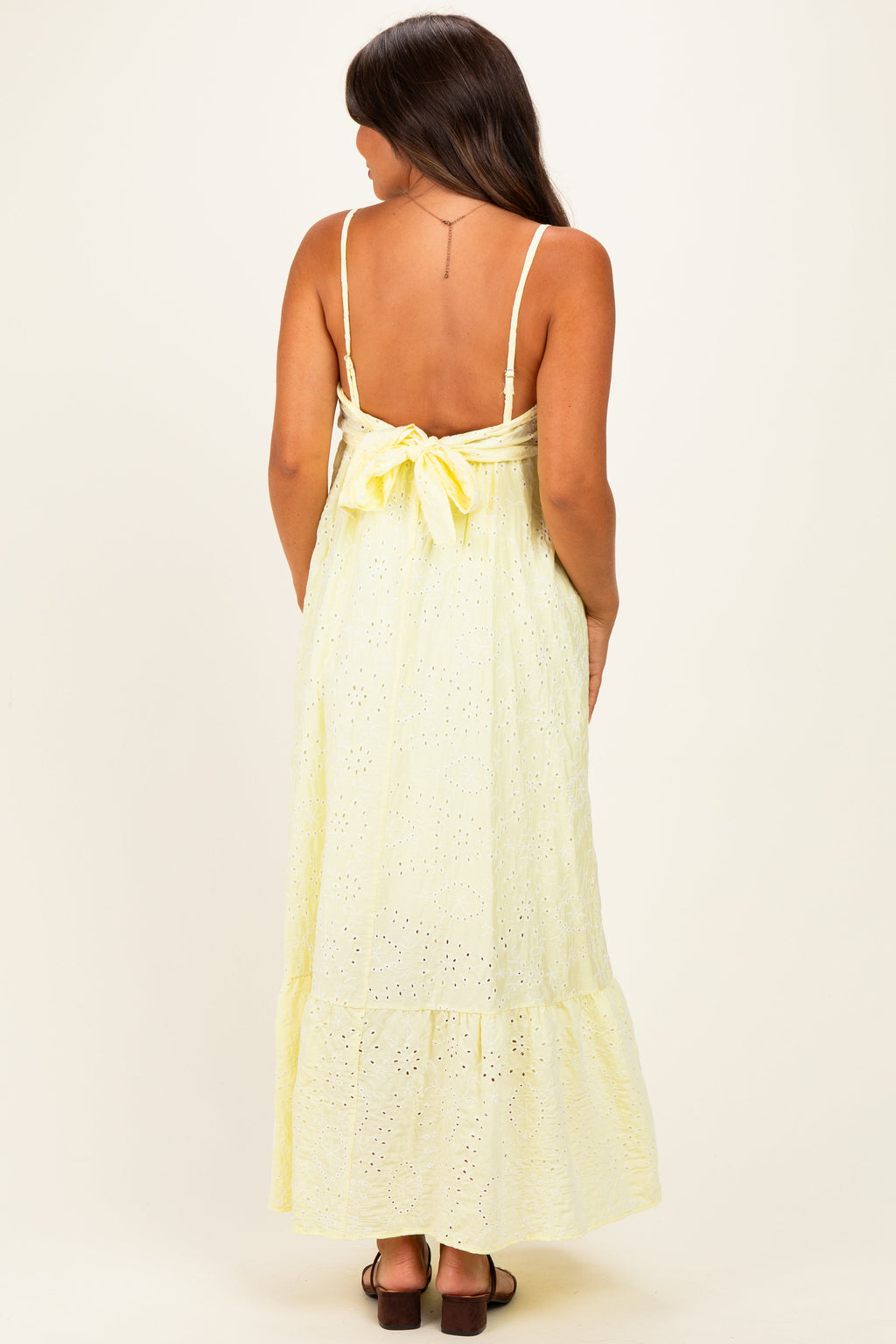 Yellow Eyelet Lace Sleeveless Ruffle Hem Maternity Maxi Dress