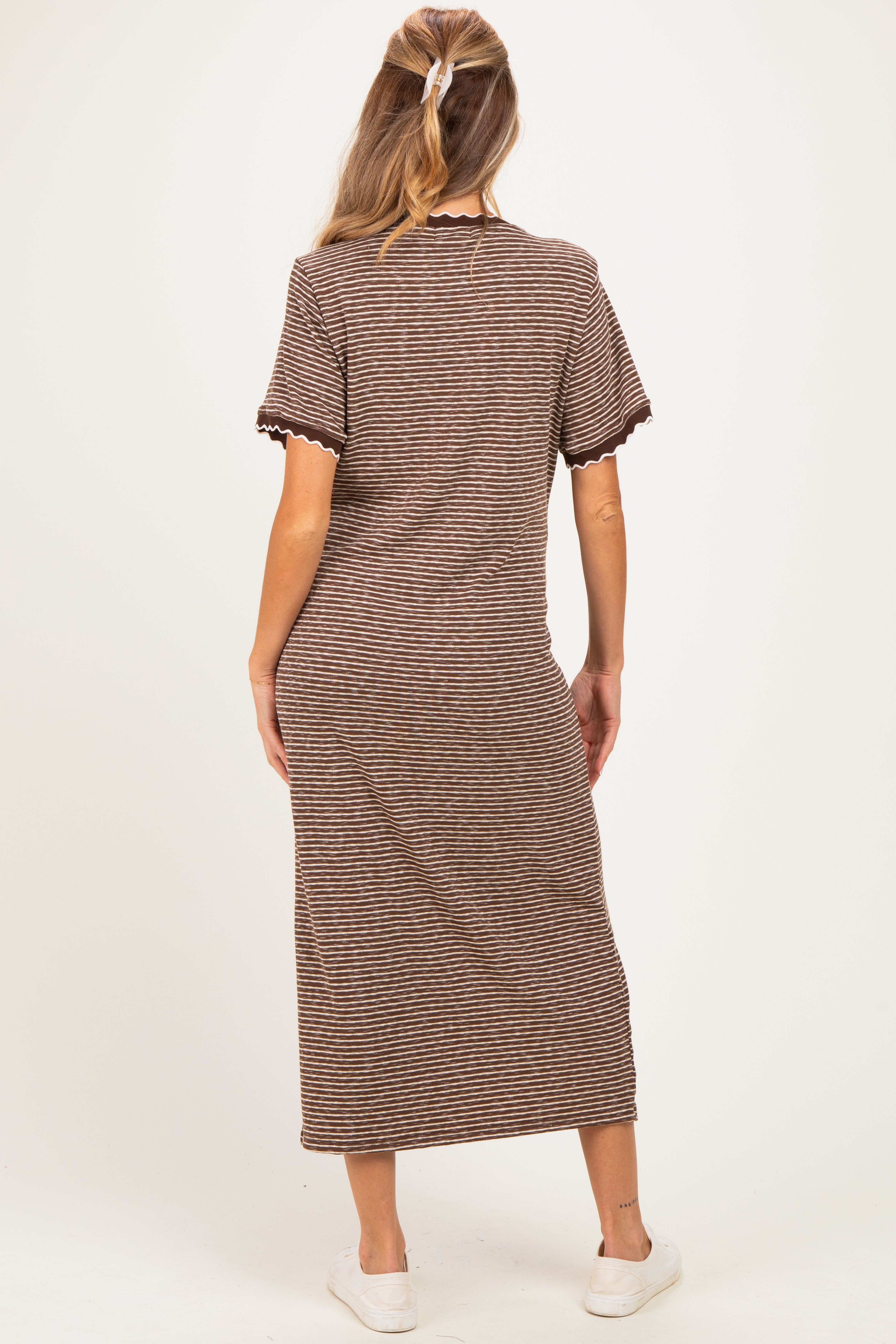 Mocha Striped Knit Scallop Accent Maternity Maxi Dress