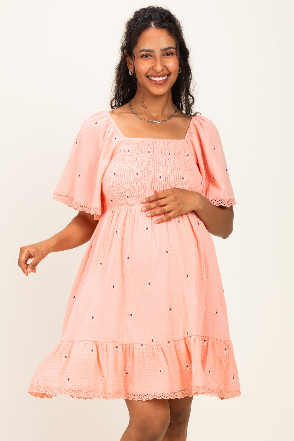 Pink Floral Embroidered Smocked Maternity Dress