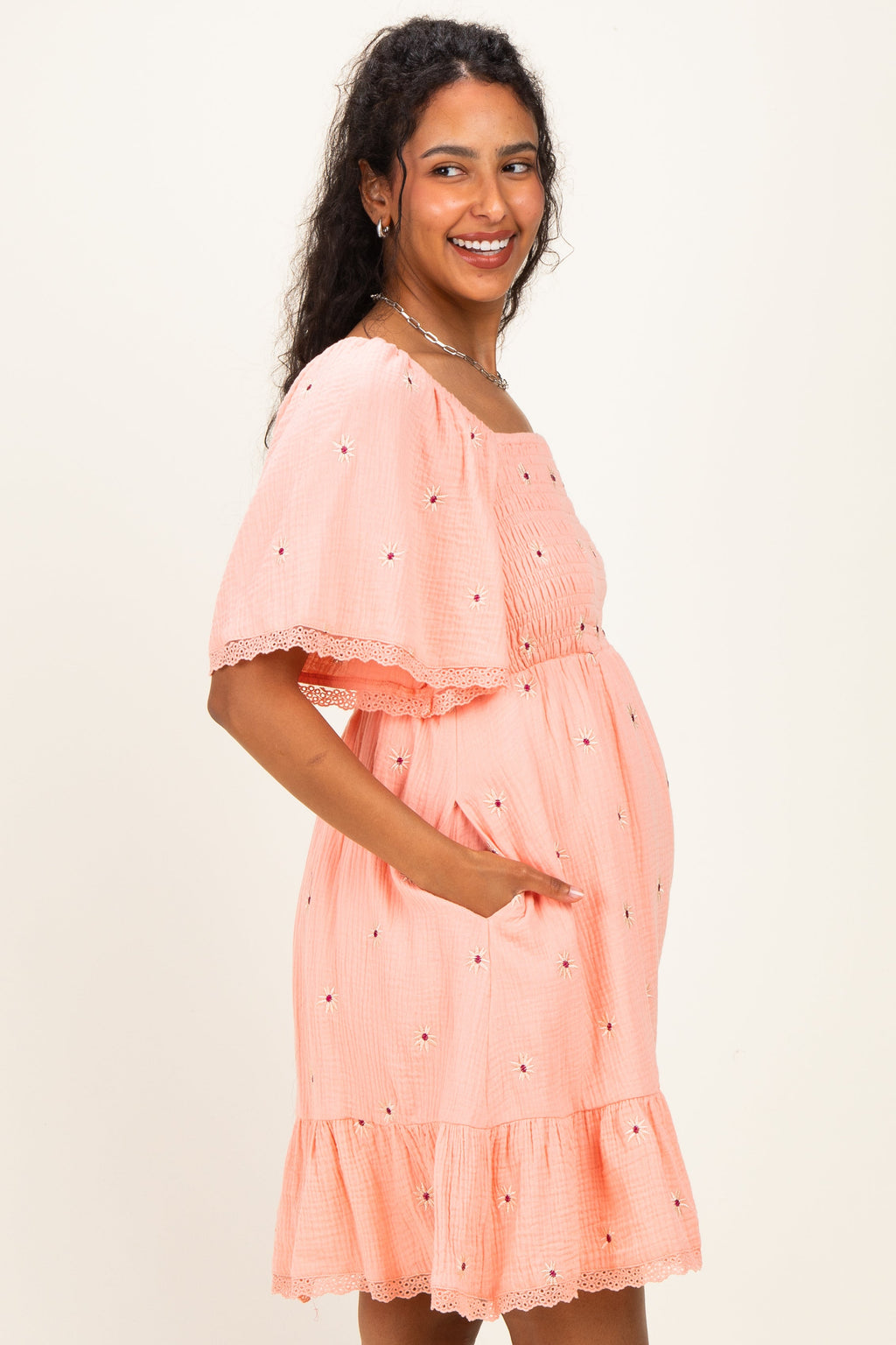 Pink Floral Embroidered Smocked Maternity Dress