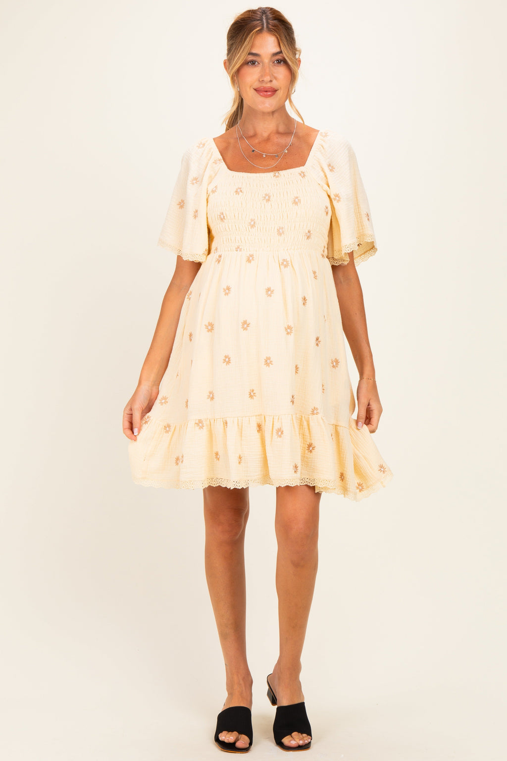 Beige Floral Embroidered Smocked Maternity Dress