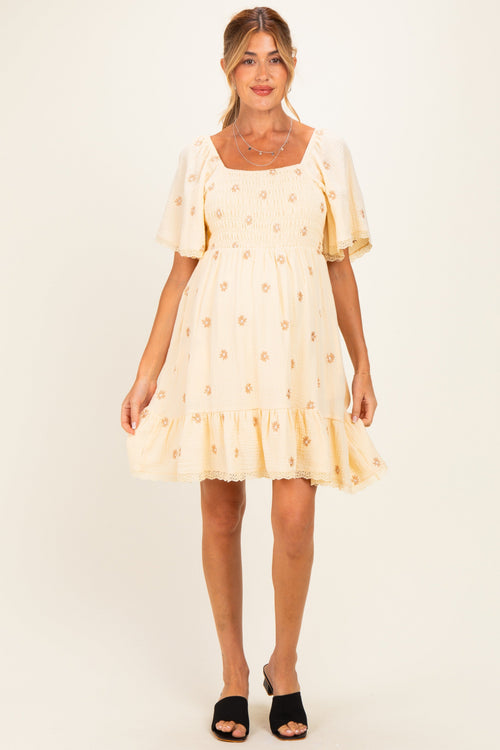 Beige Floral Embroidered Smocked Maternity Dress
