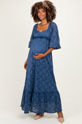Blue Lace Long Sleeve Maternity Maxi Dress