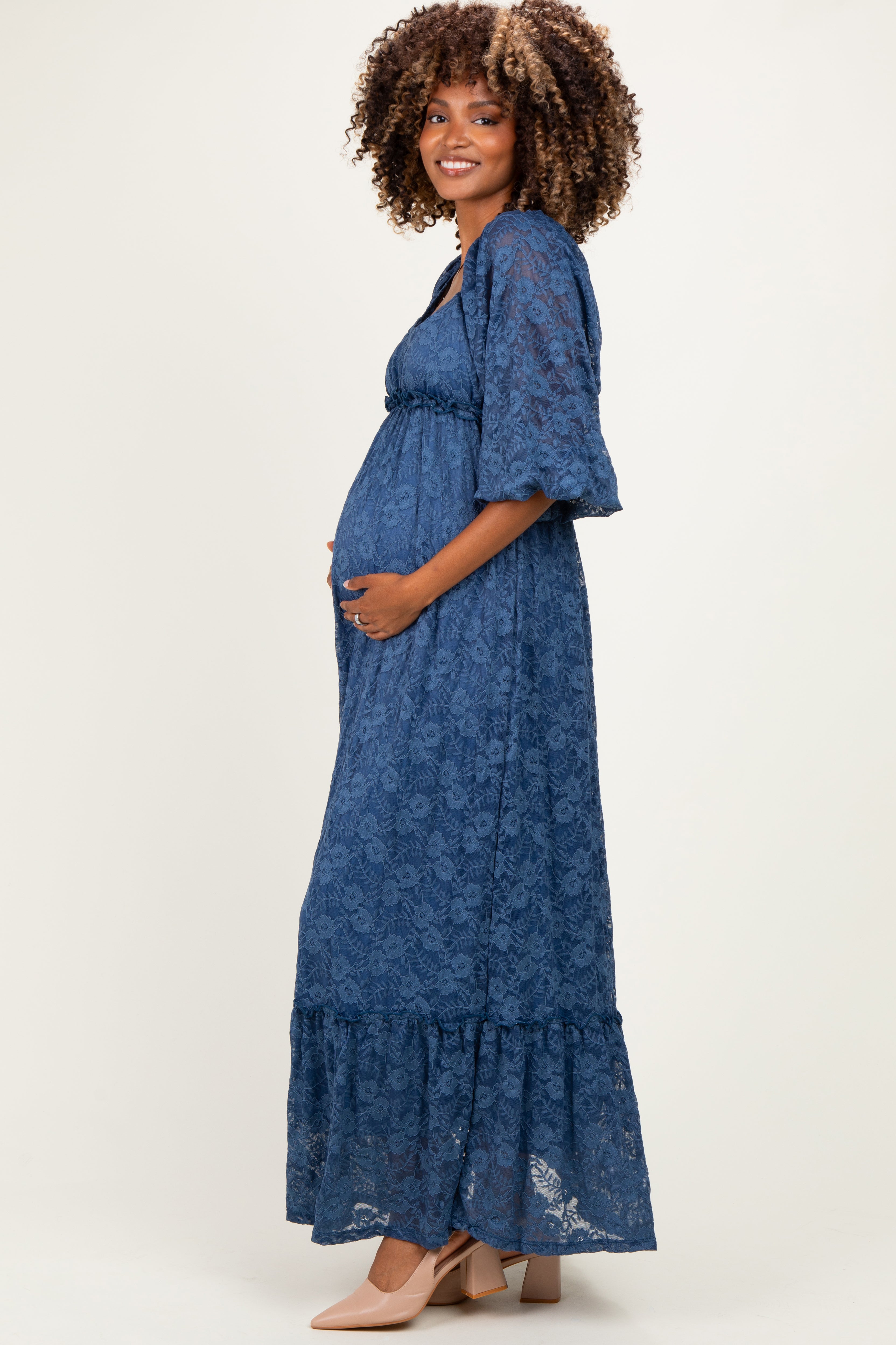 Blue Lace Long Sleeve Maternity Maxi Dress