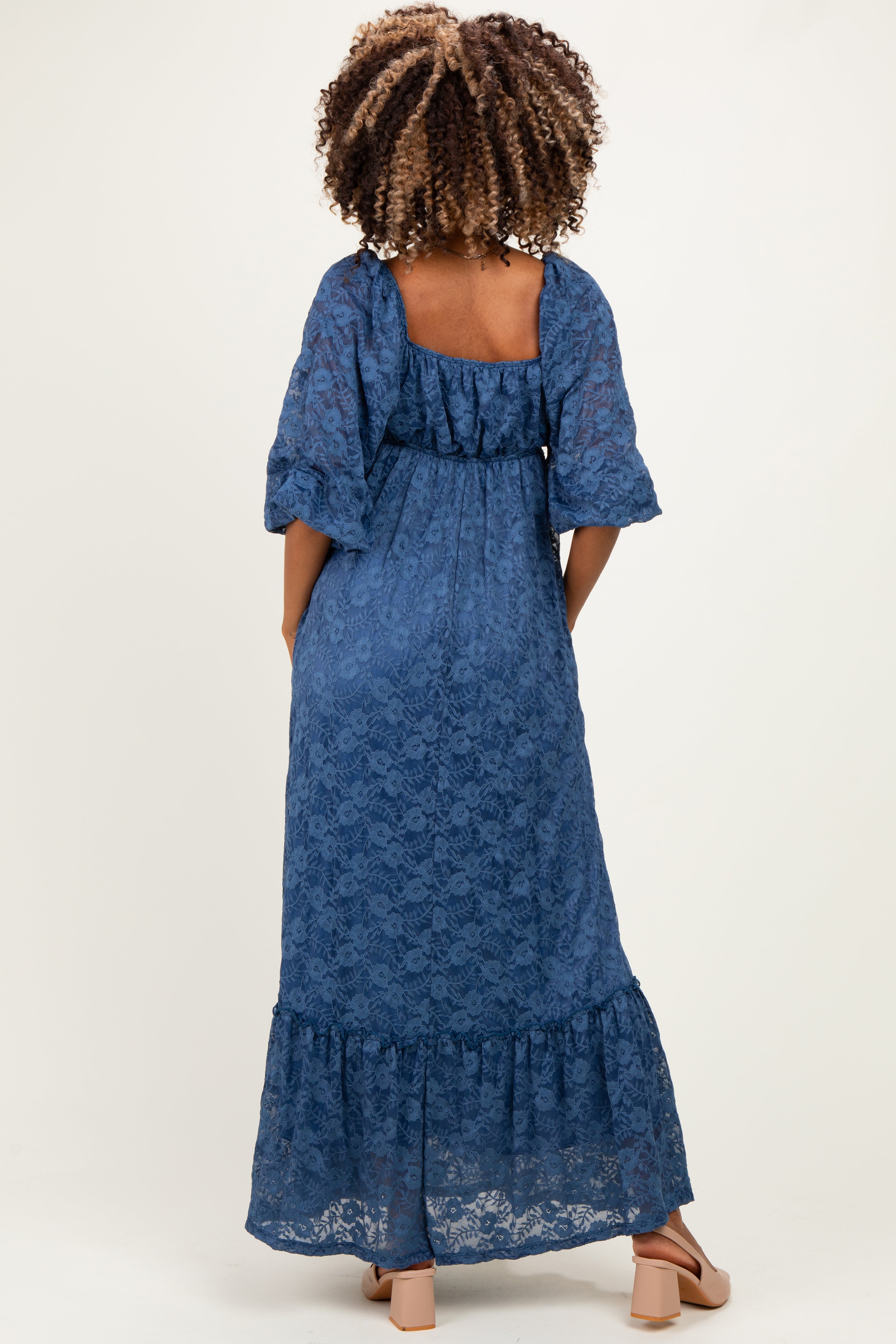 Blue Lace Long Sleeve Maternity Maxi Dress