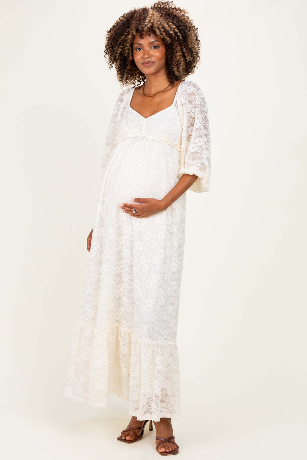 Ivory Lace Long Sleeve Maternity Maxi Dress