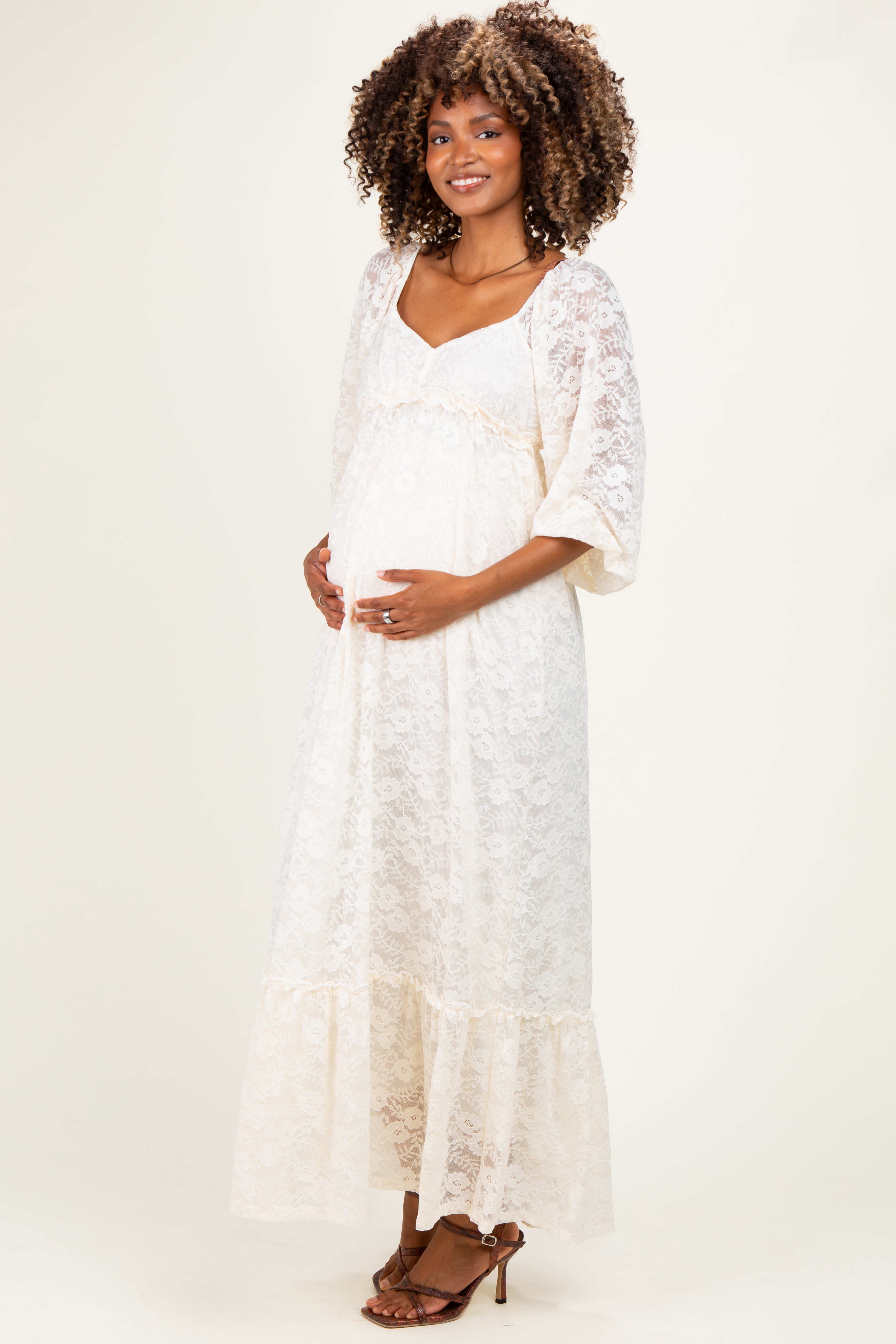 Ivory Lace Long Sleeve Maternity Maxi Dress