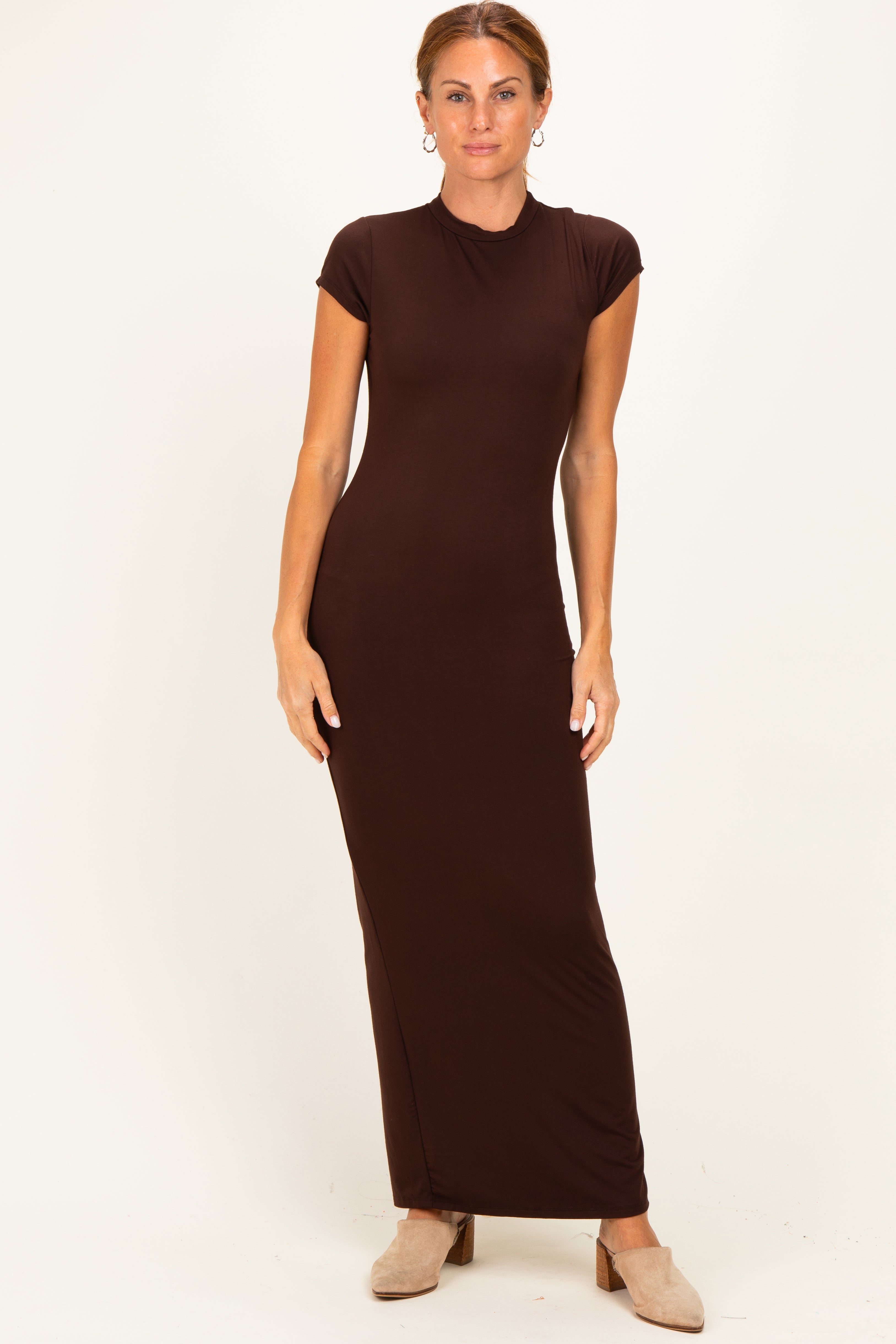 Brown Fitted Short Sleeve Maternity Maxi Dress
