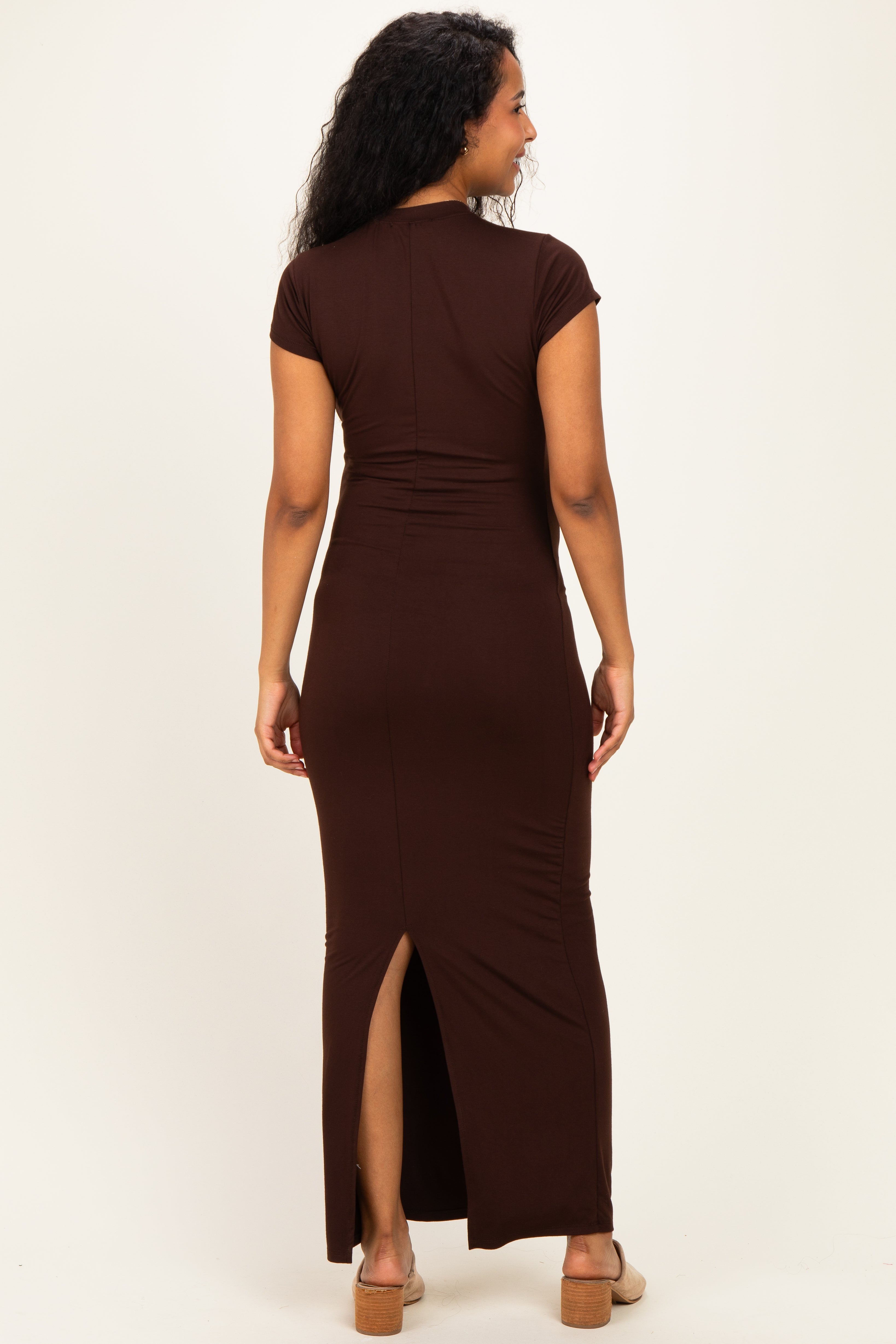 Brown Fitted Short Sleeve Maternity Maxi Dress